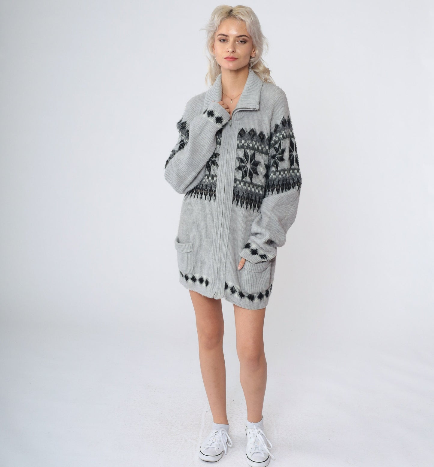 80s London Fog Nordic Snowflake Cardigan Grey Zip-Up Knit Large Tall