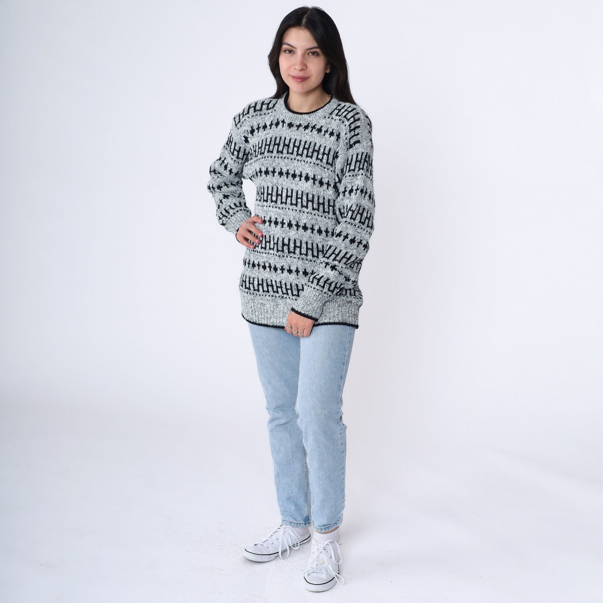 90s Geometric Striped Crewneck Sweater Grey Black Knit Pullover Small