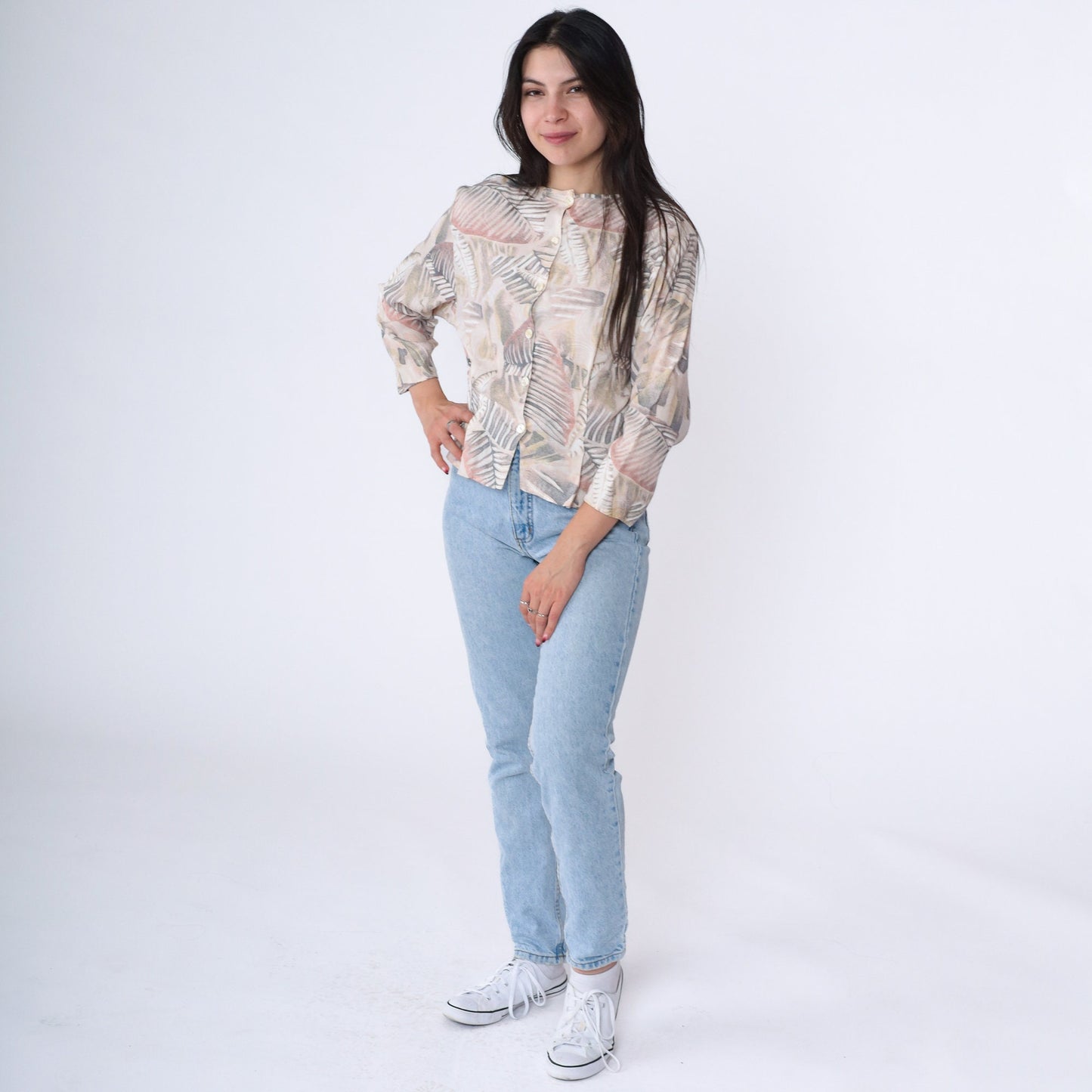 90s Melrose Leaf Print Blouse Beige Button Up 3/4 Sleeve Medium