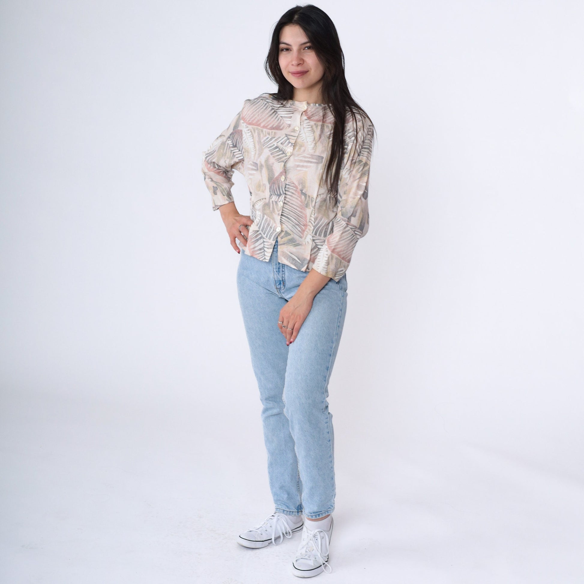 90s Melrose Leaf Print Blouse Beige Button Up 3/4 Sleeve Medium