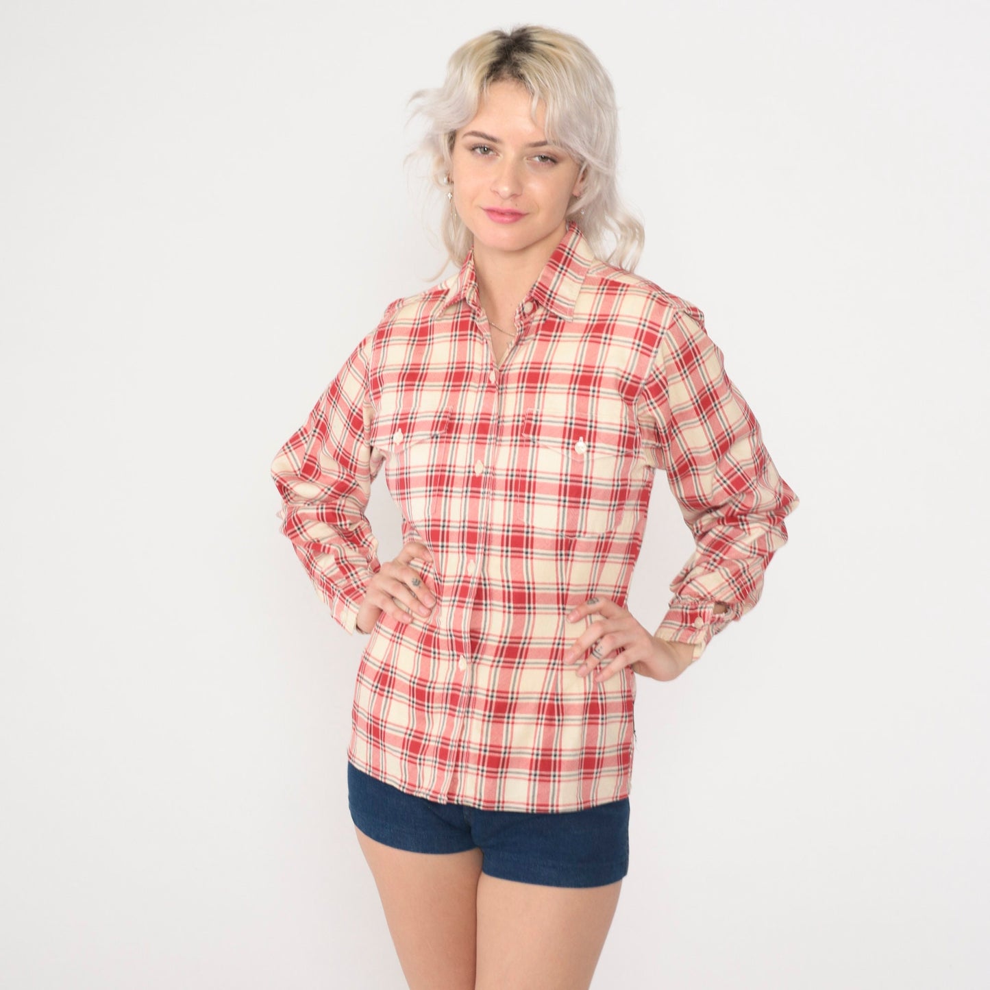 80s Armani Jeans Red Plaid Shirt & Cream Wool Vest Set Small
