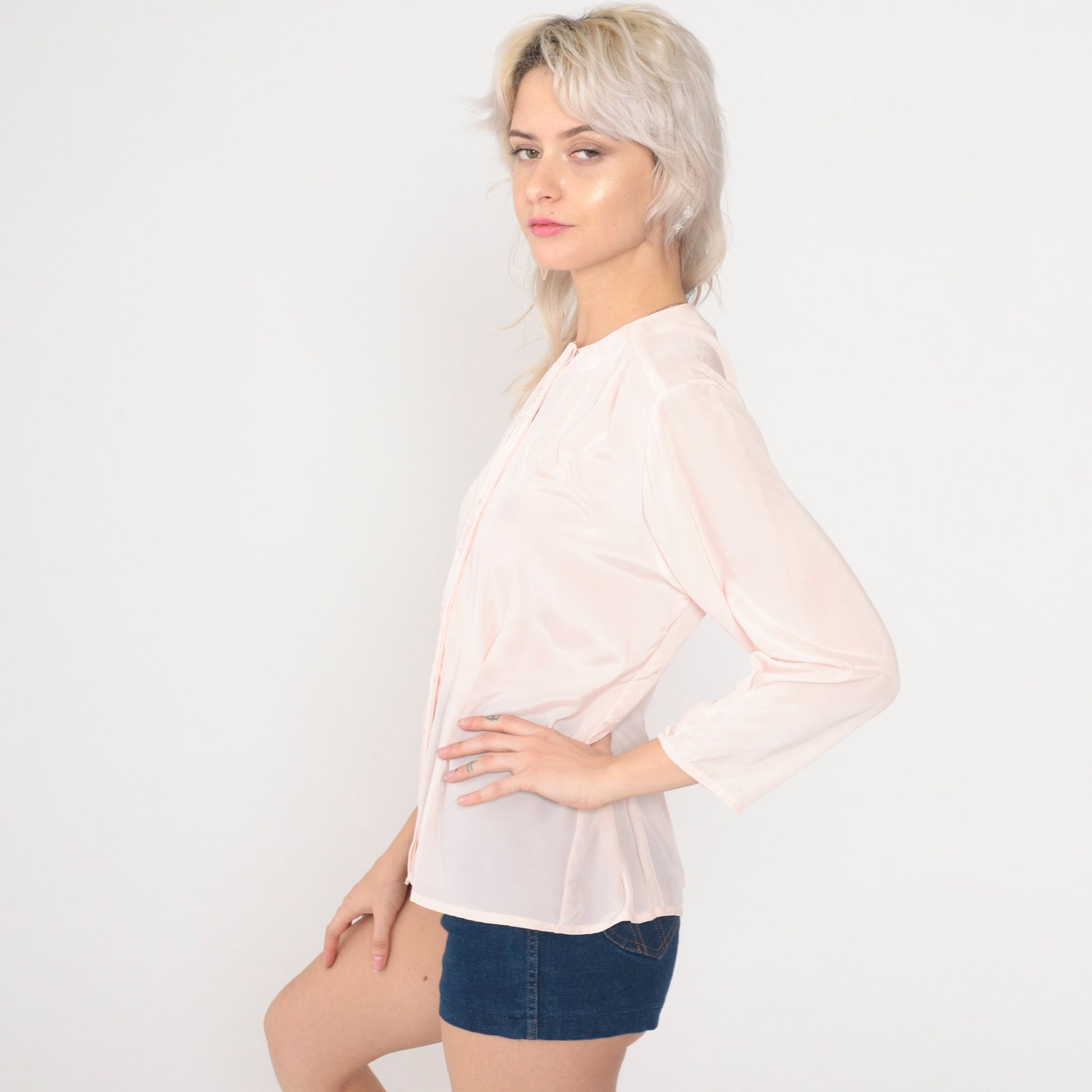80s Baby Pink Button-Up Blouse Geometric Embroidery Long Sleeve Medium