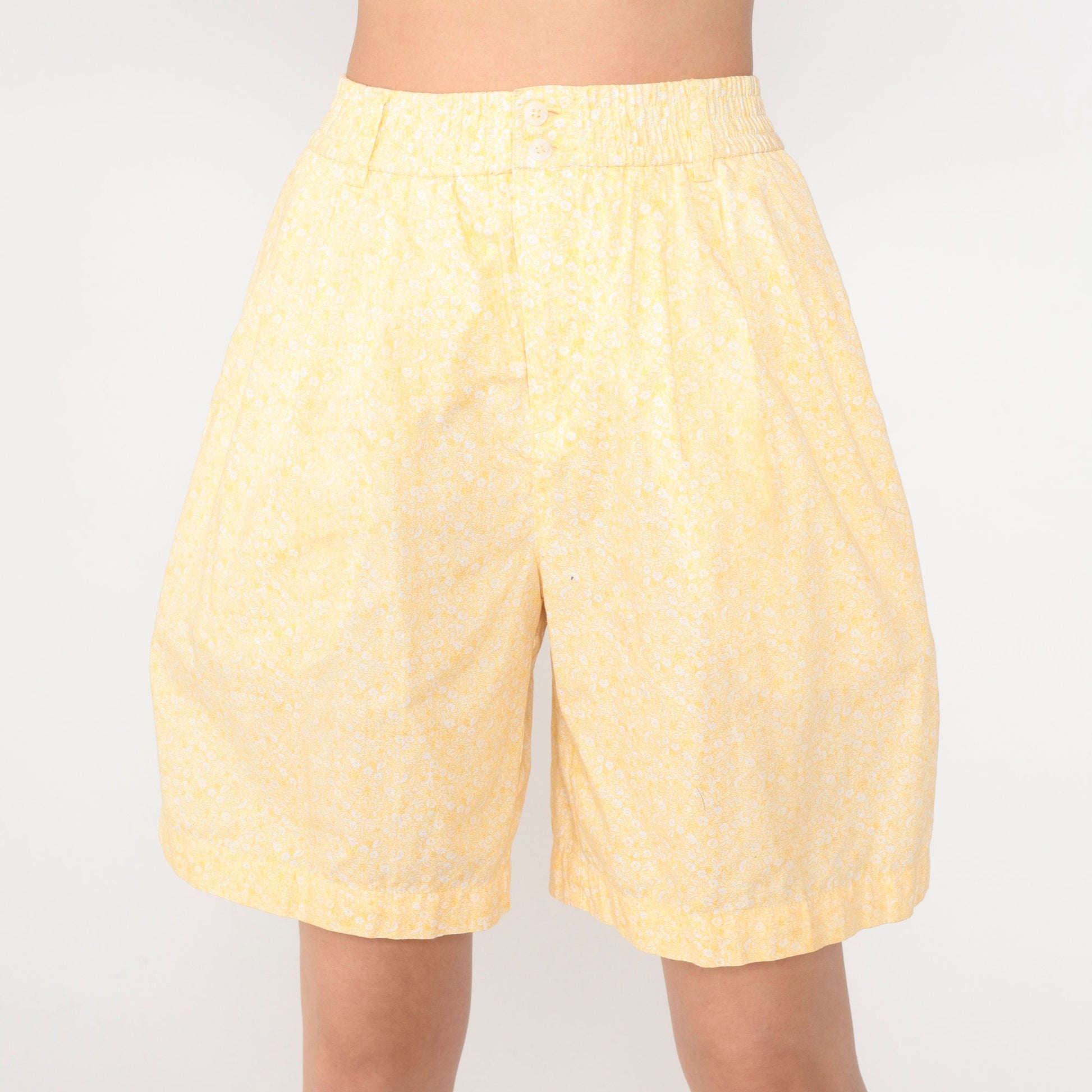 90s Liz Claiborne Floral Shorts Yellow High Waisted Wide Leg Cotton Small