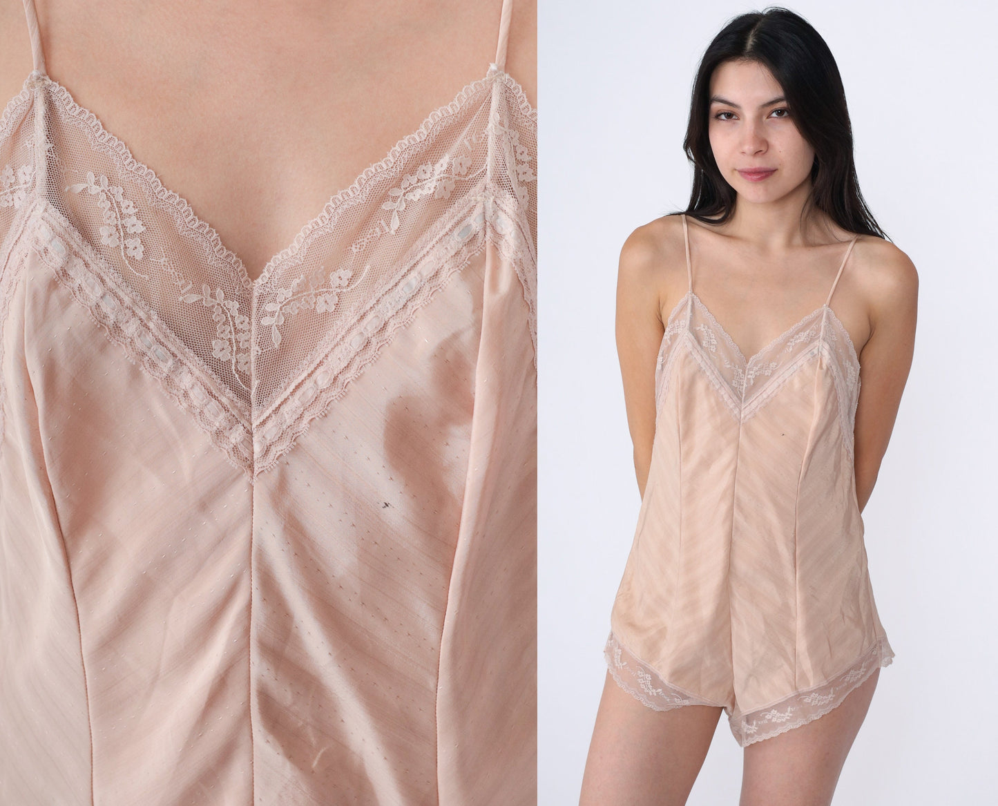 80s Yves Saint Laurent Beige Lace Teddy Bodysuit Spaghetti Strap Small