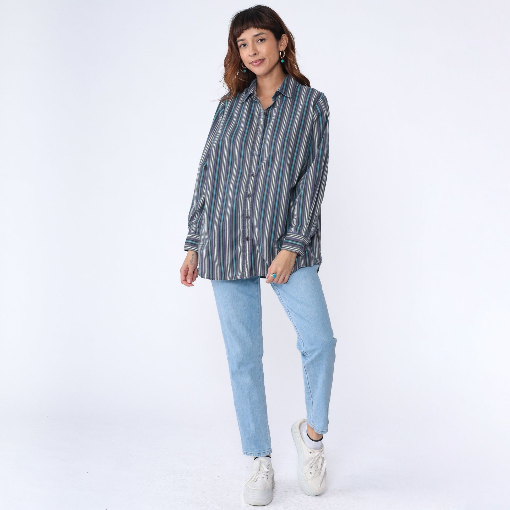 00s Striped Oxford Button-Up Blouse Purple Blue White Long Sleeve Medium