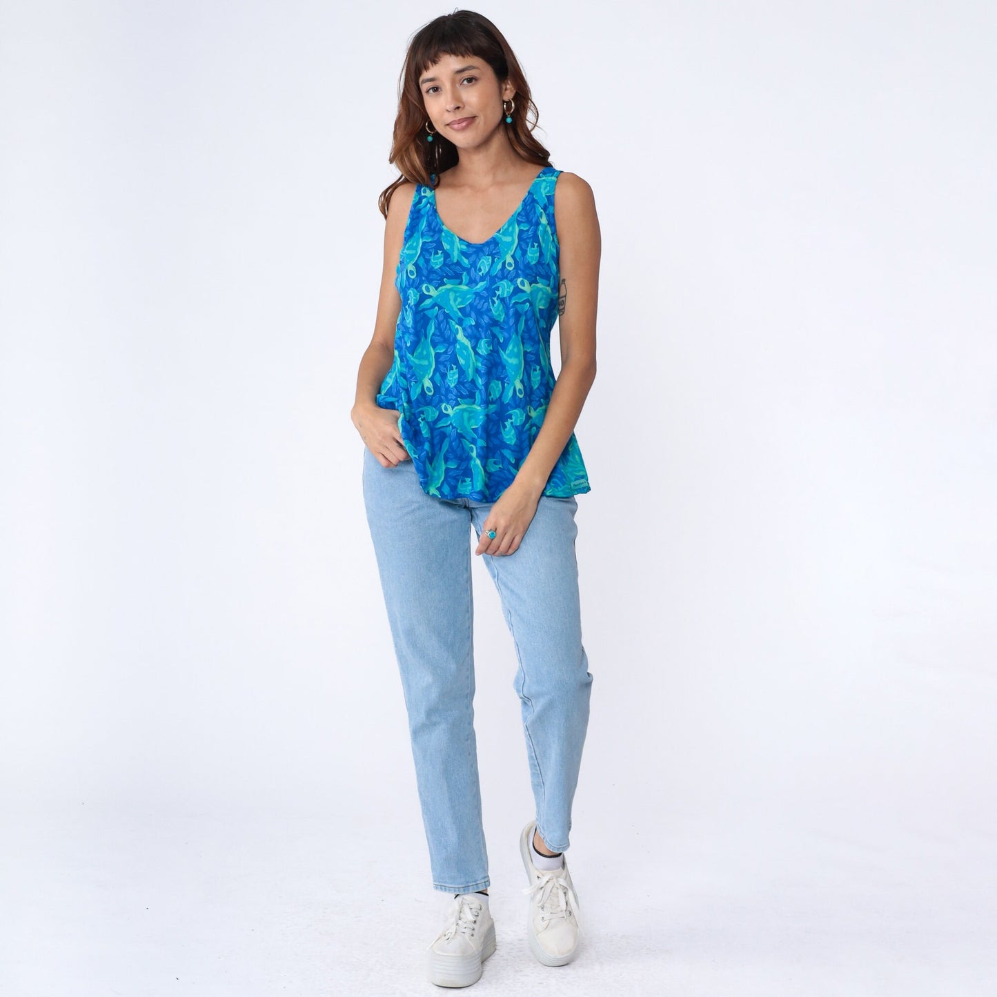 00s Sea Turtle Tropical Fish Tank Top Blue Rayon All Over Print Medium M