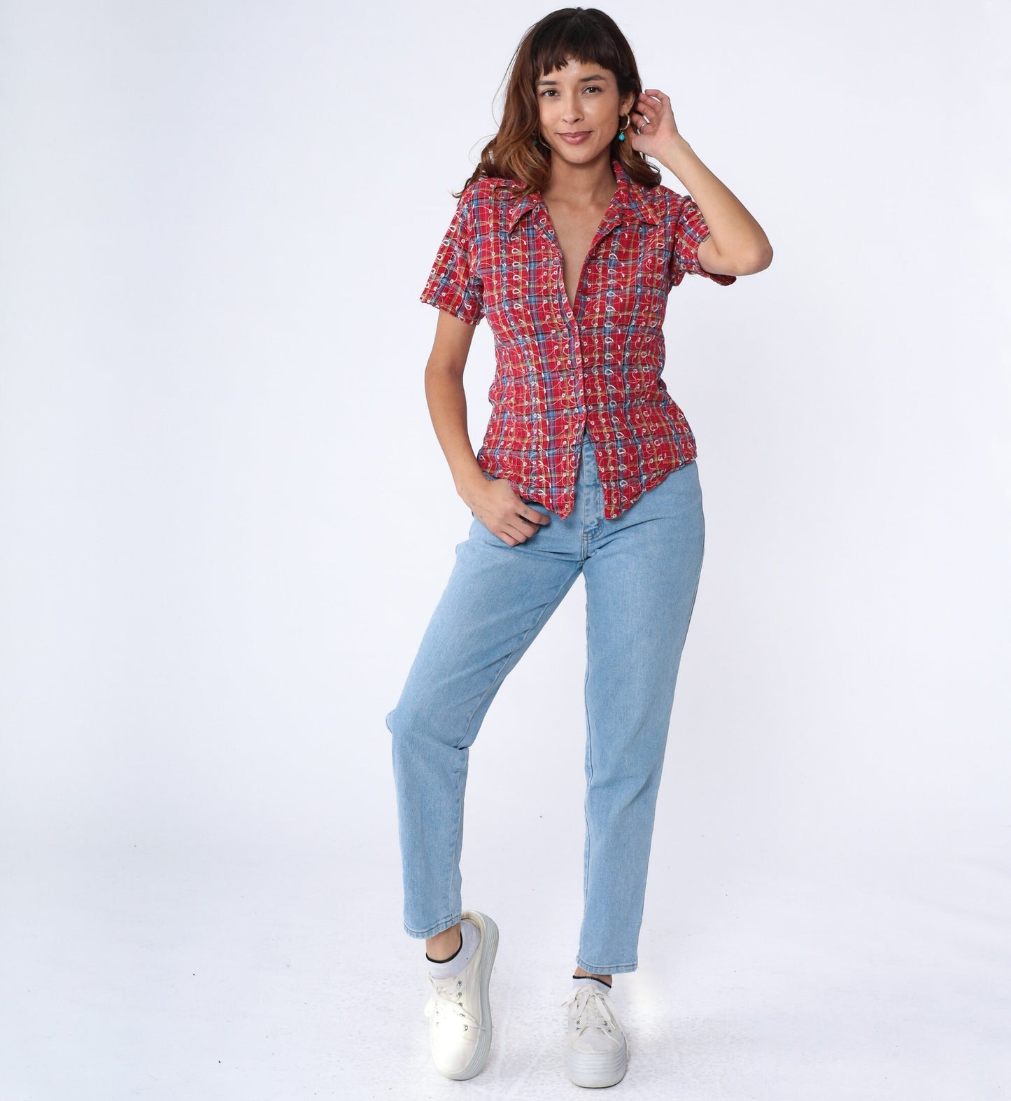 90s I Am Plaid Blouse Red Embroidered Button Up Shirt Short Sleeve Small