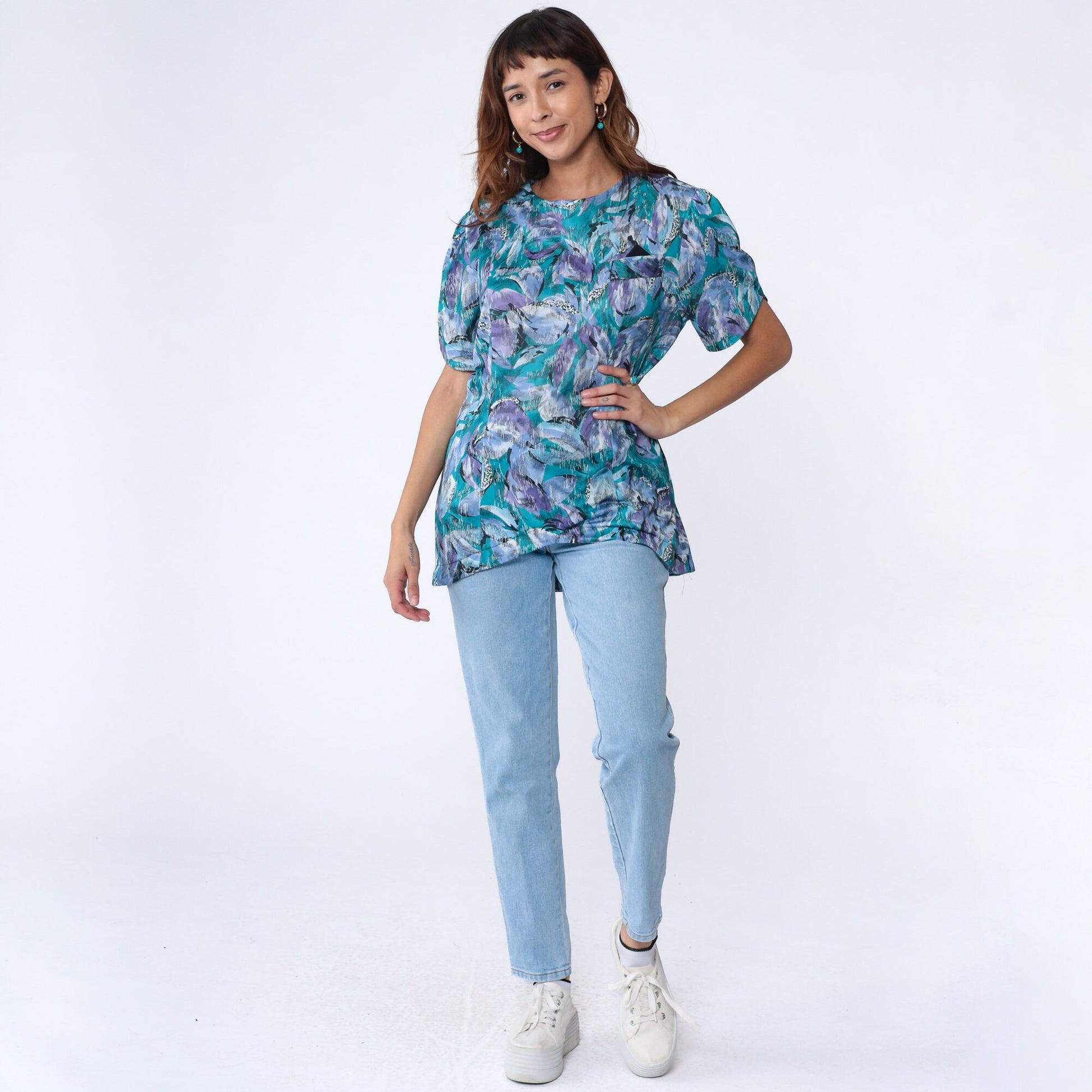 80s Abstract Floral Shirt Turquoise Purple Pocket Blouse Princess Seam Large L