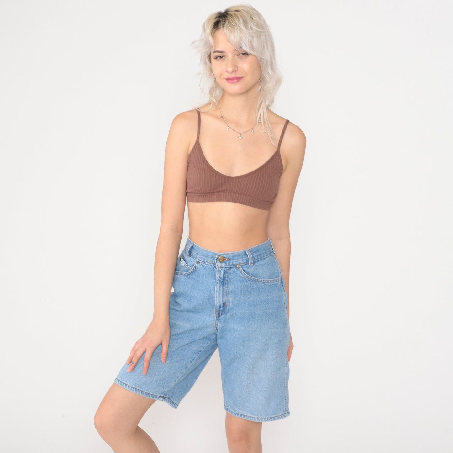 90s Blue Denim Bermuda Shorts High Rise Stone Wash Extra Small XS