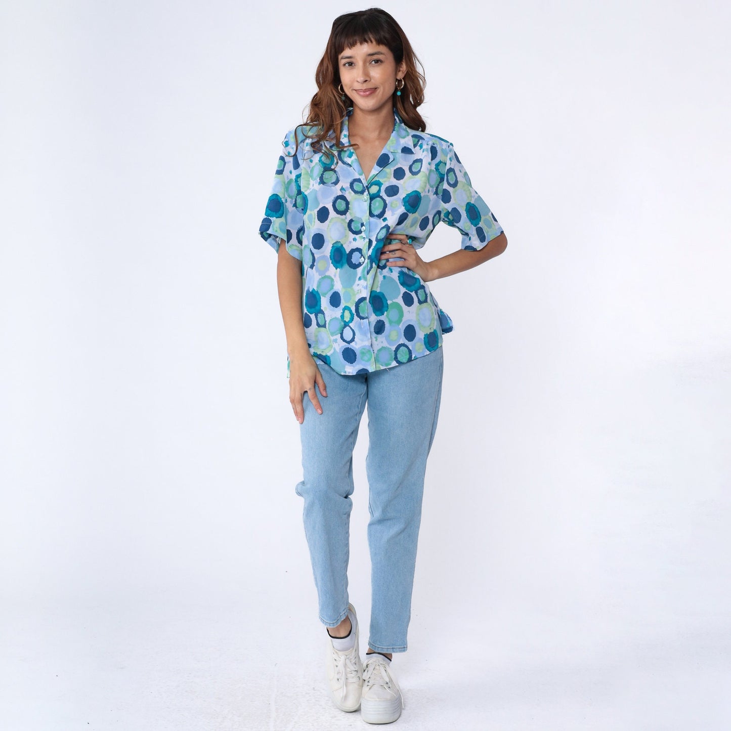 90s Donnkenny Geometric Watercolor Print Button-Up Blouse Blue Extra Large