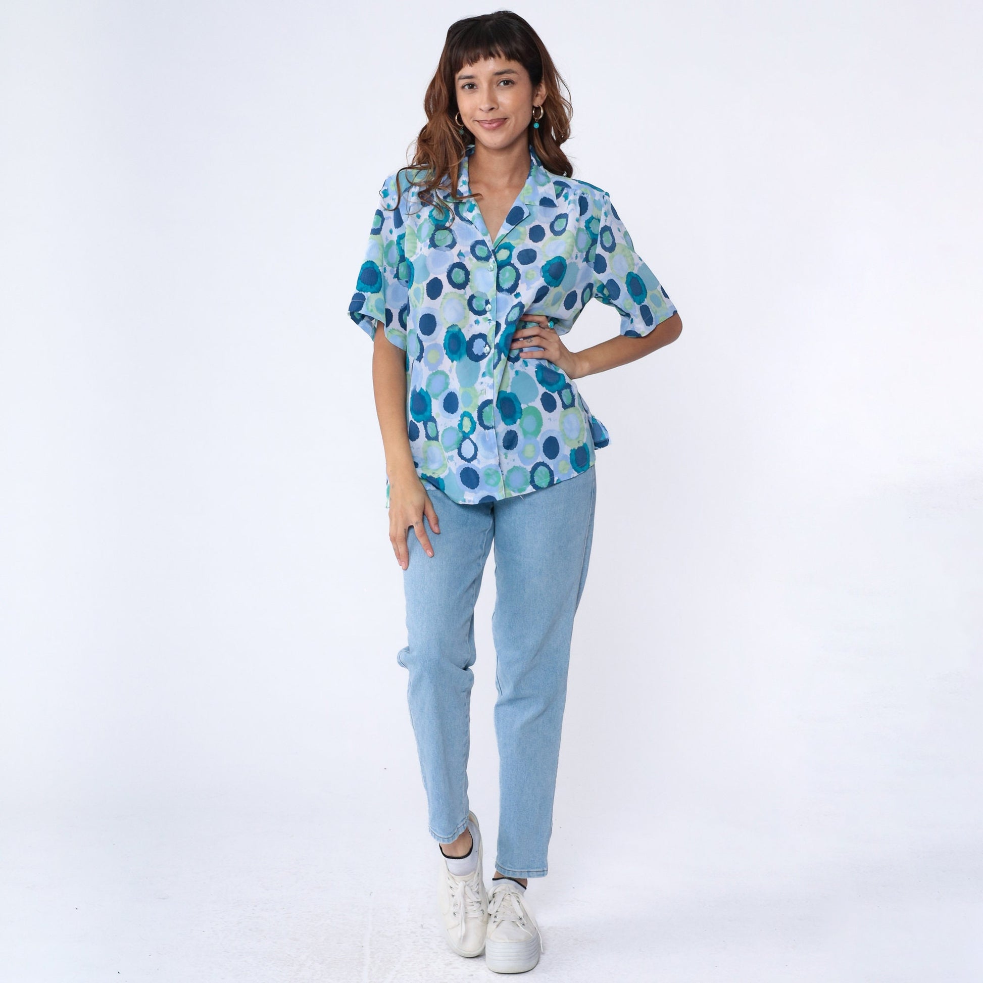90s Donnkenny Geometric Watercolor Print Button-Up Blouse Blue Extra Large
