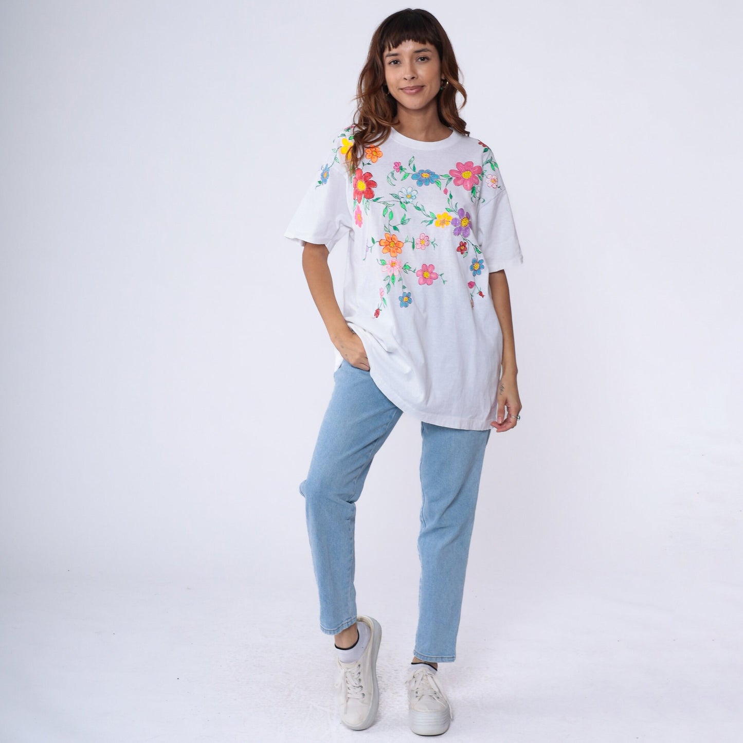 90s Fruit of the Loom Floral Hand Painted T-Shirt White Glitter Cotton Extra Large