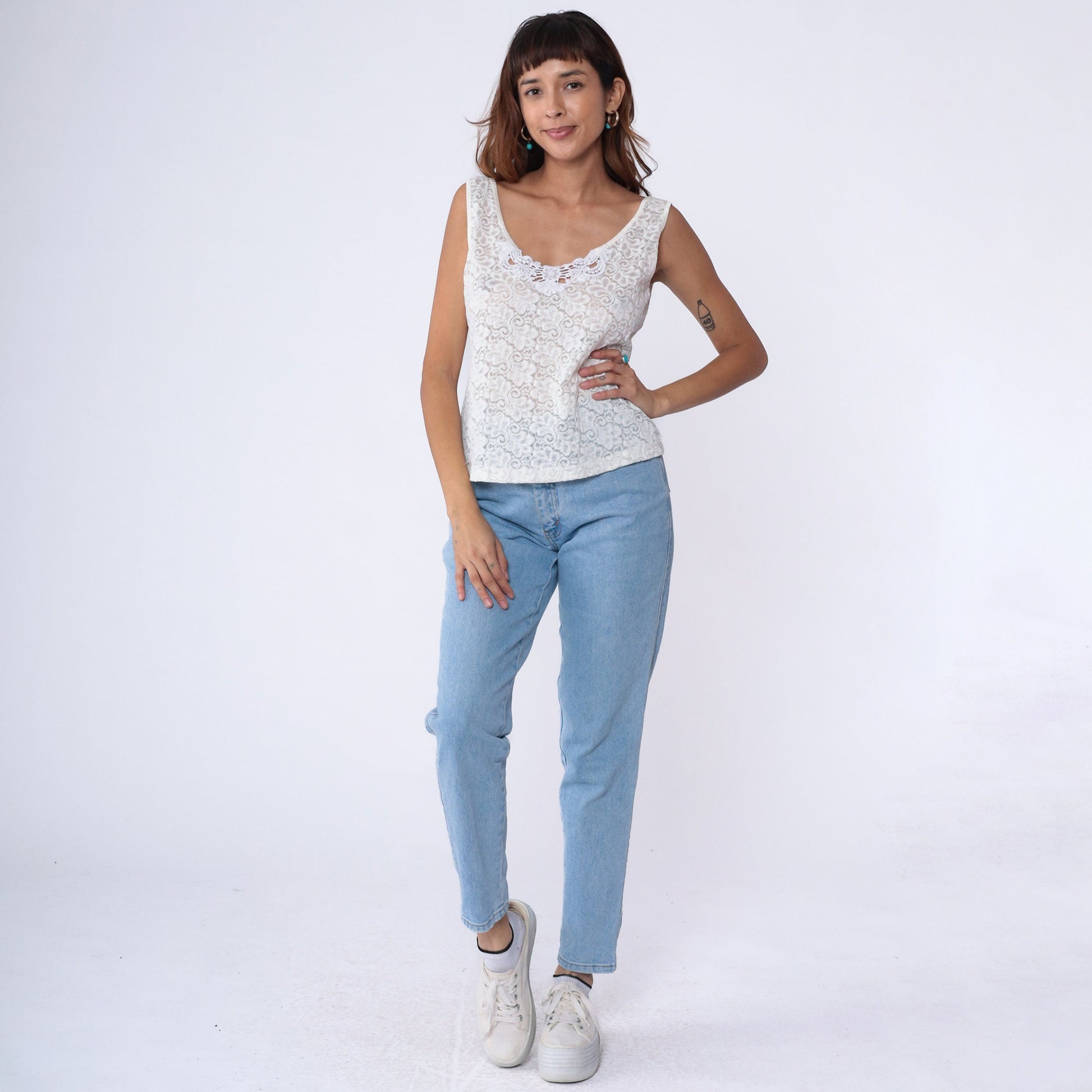 80s White Lace Camisole Sheer Floral Tank Top Large L