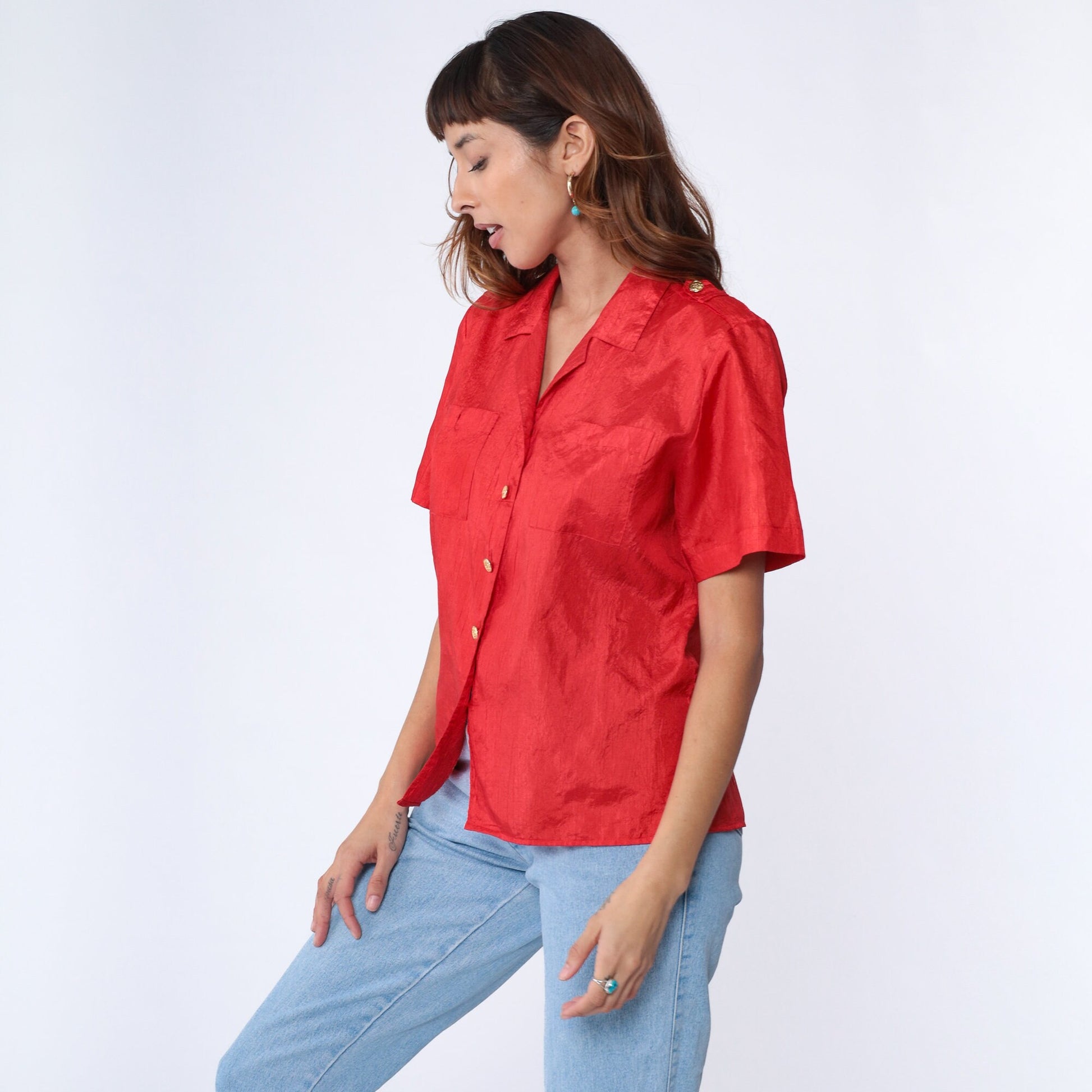 90s Red Shiny Button Up Blouse Gold Buttons Shoulder Epaulettes Medium Large