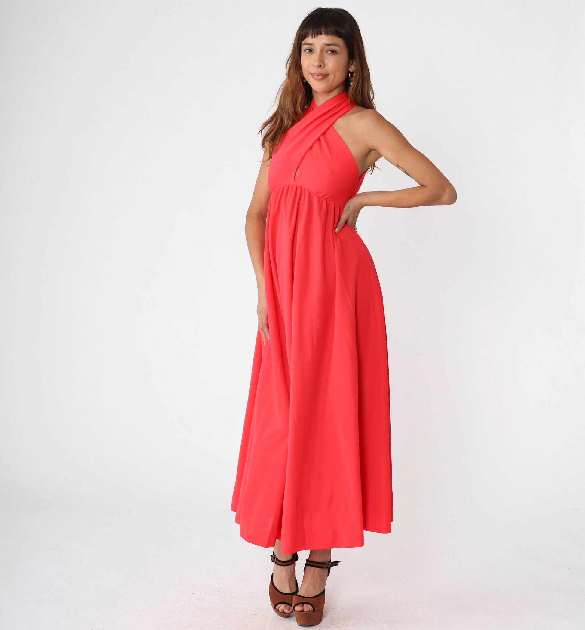 70s Coral Maxi Dress Halter Keyhole Back Empire Waist Criss Cross Small
