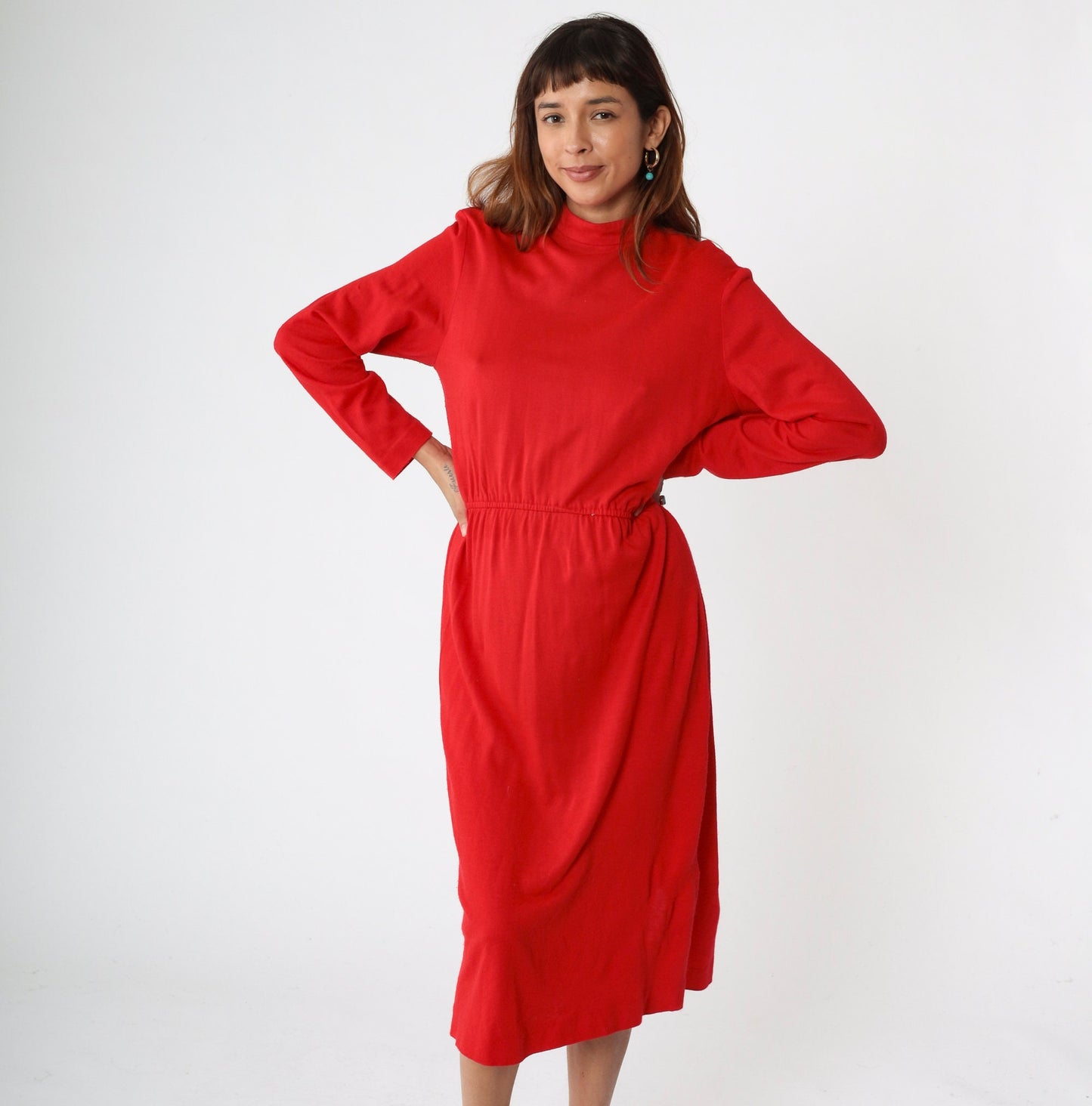 80s Red Mock Neck Midi Dress Long Sleeve Elastic Waist Medium