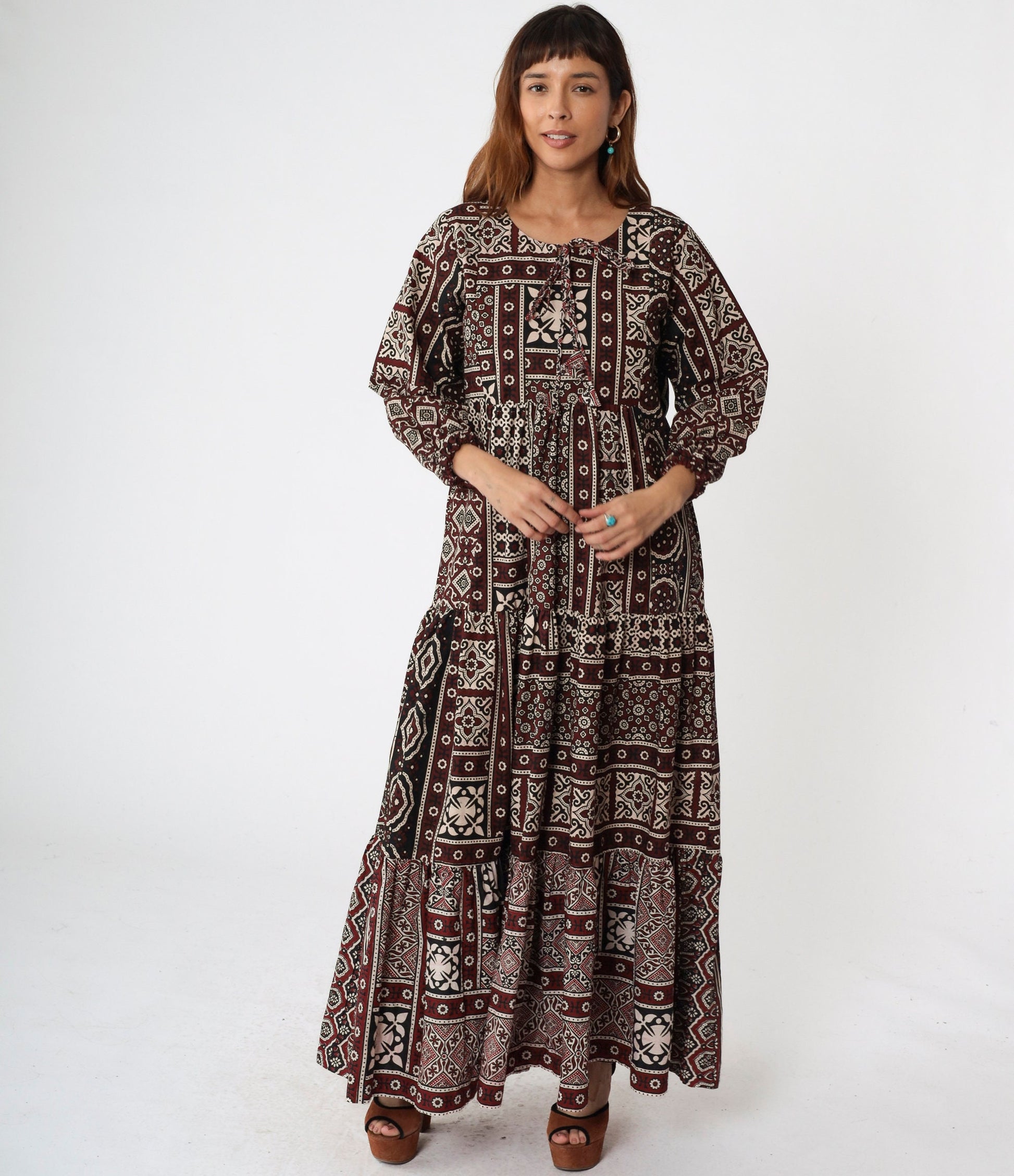80s Burgundy Geometric Print Maxi Dress Tiered Skirt Keyhole Tie Neck Medium
