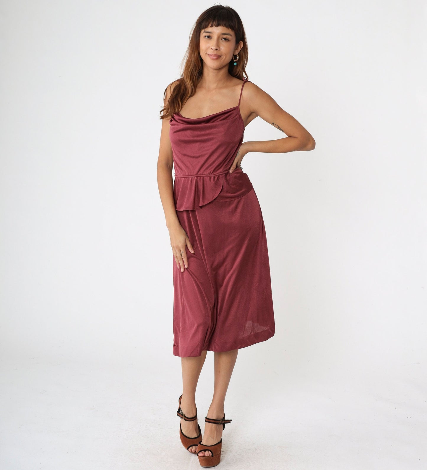 70s Burgundy Midi Dress High Waist Peplum Spaghetti Strap Small