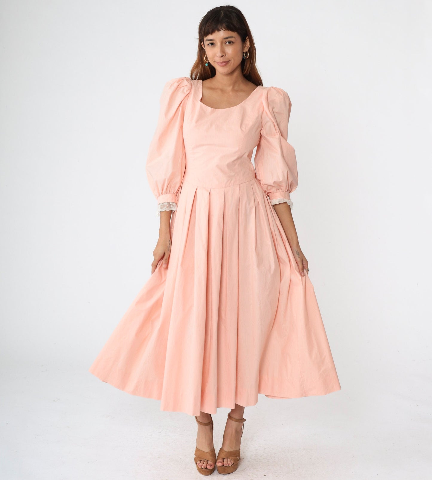 80s Baby Pink Puff Sleeve Midi Dress Lace Trim Pleated Scoop Back Small