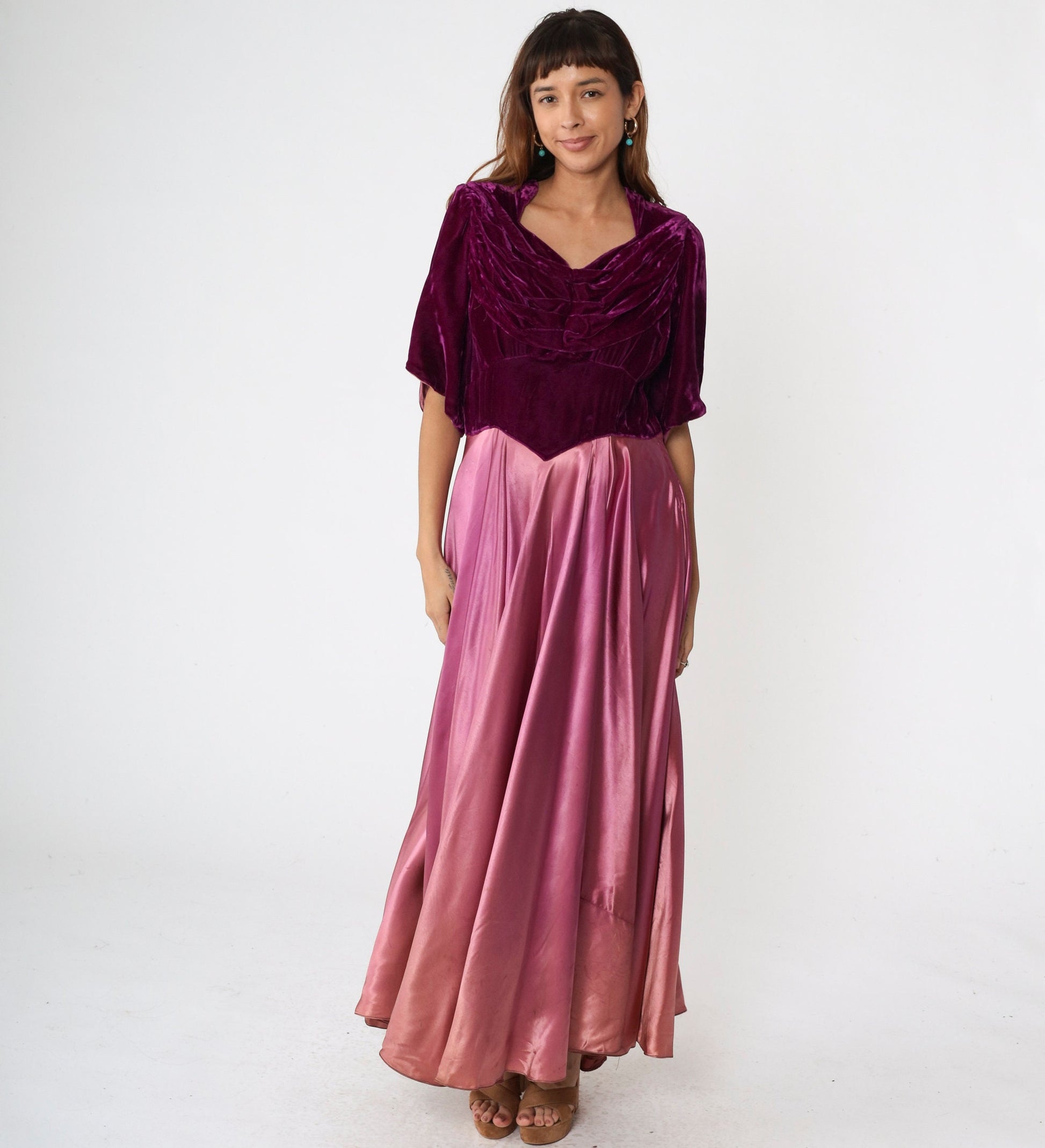 70s Purple Velvet Satin Maxi Dress Basque Waist Short Sleeve Large