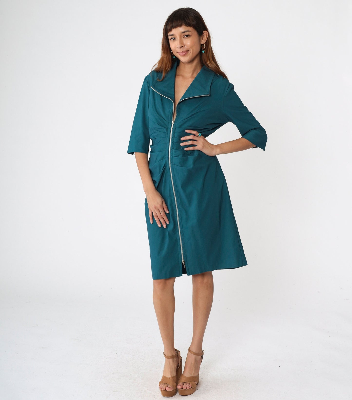 00s Joseph Ribkoff Teal Sheath Dress Front Zip Pleated 3/4 Sleeve Knee Length Large 14