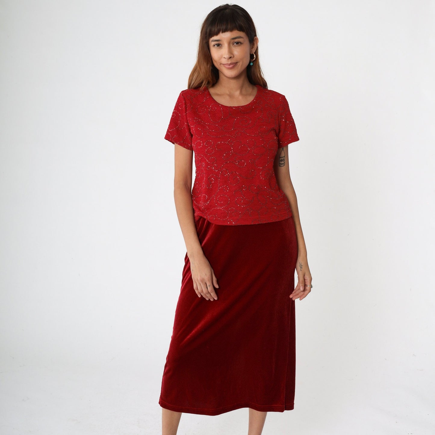90s Kathie Lee Red Velvet Midi Dress Glitter Bodice Drop Waist Small
