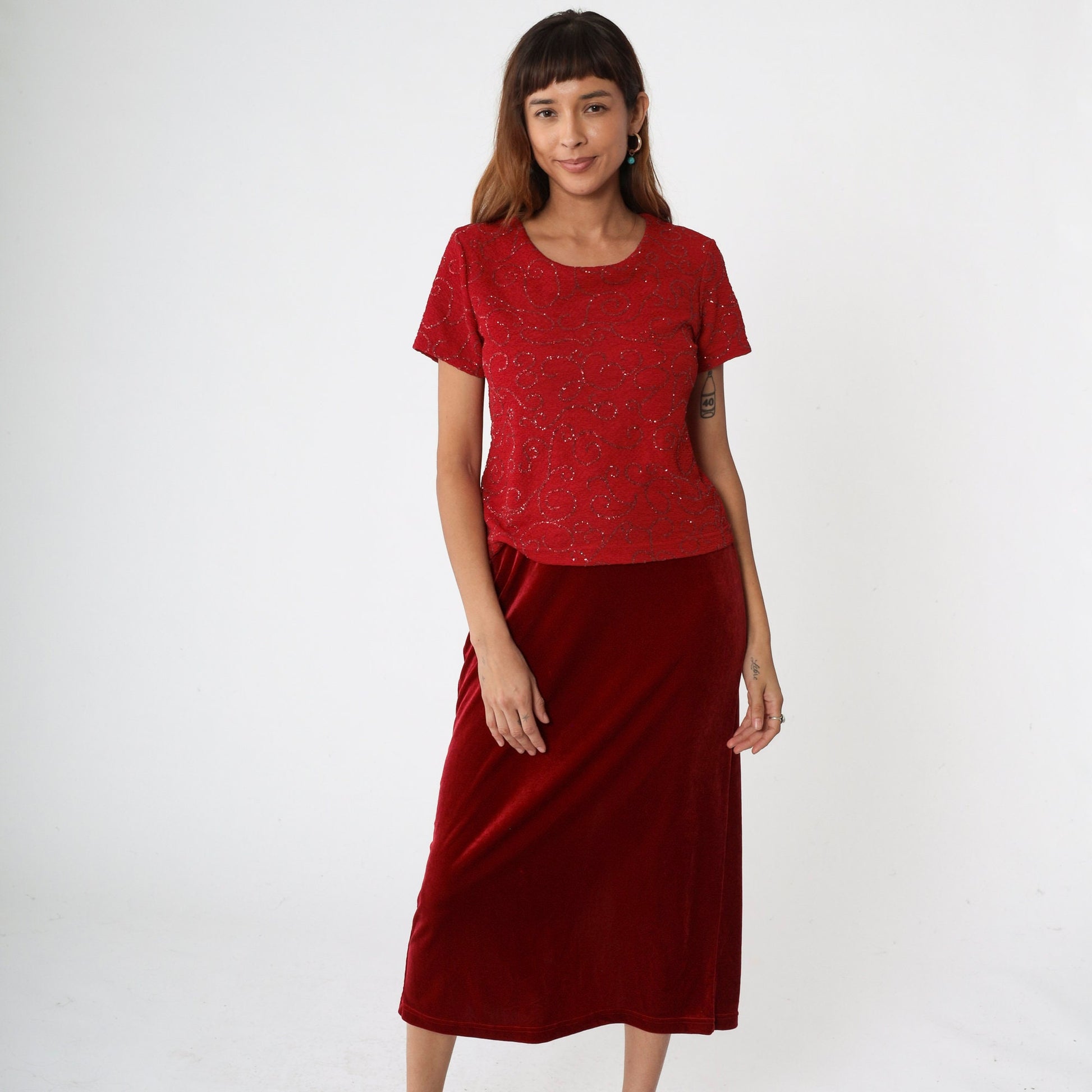 90s Kathie Lee Red Velvet Midi Dress Glitter Bodice Drop Waist Small