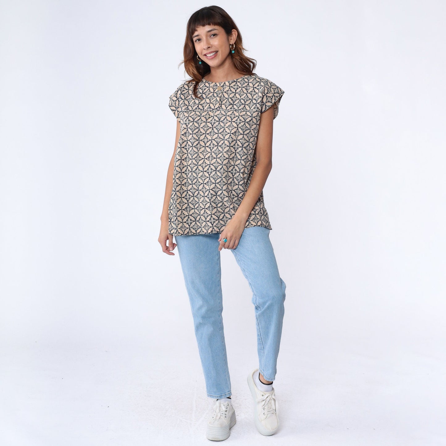 90s Geometric Abstract Button Up Shirt Navy Tunic Top Medium Large