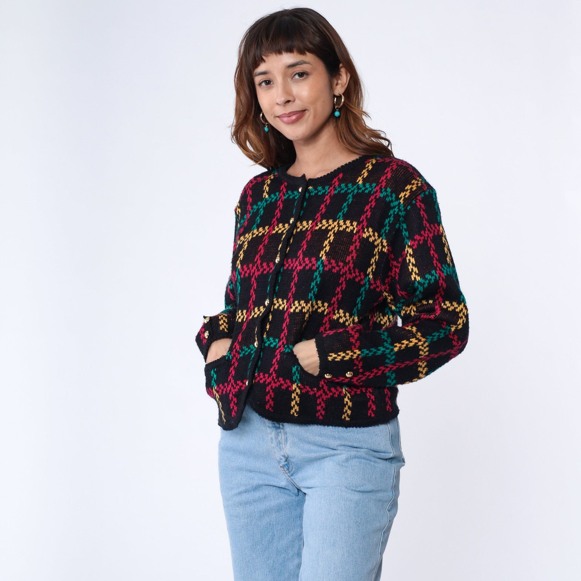 90s Checkered Cardigan Sweater Black Red Green Yellow Gold Button Small