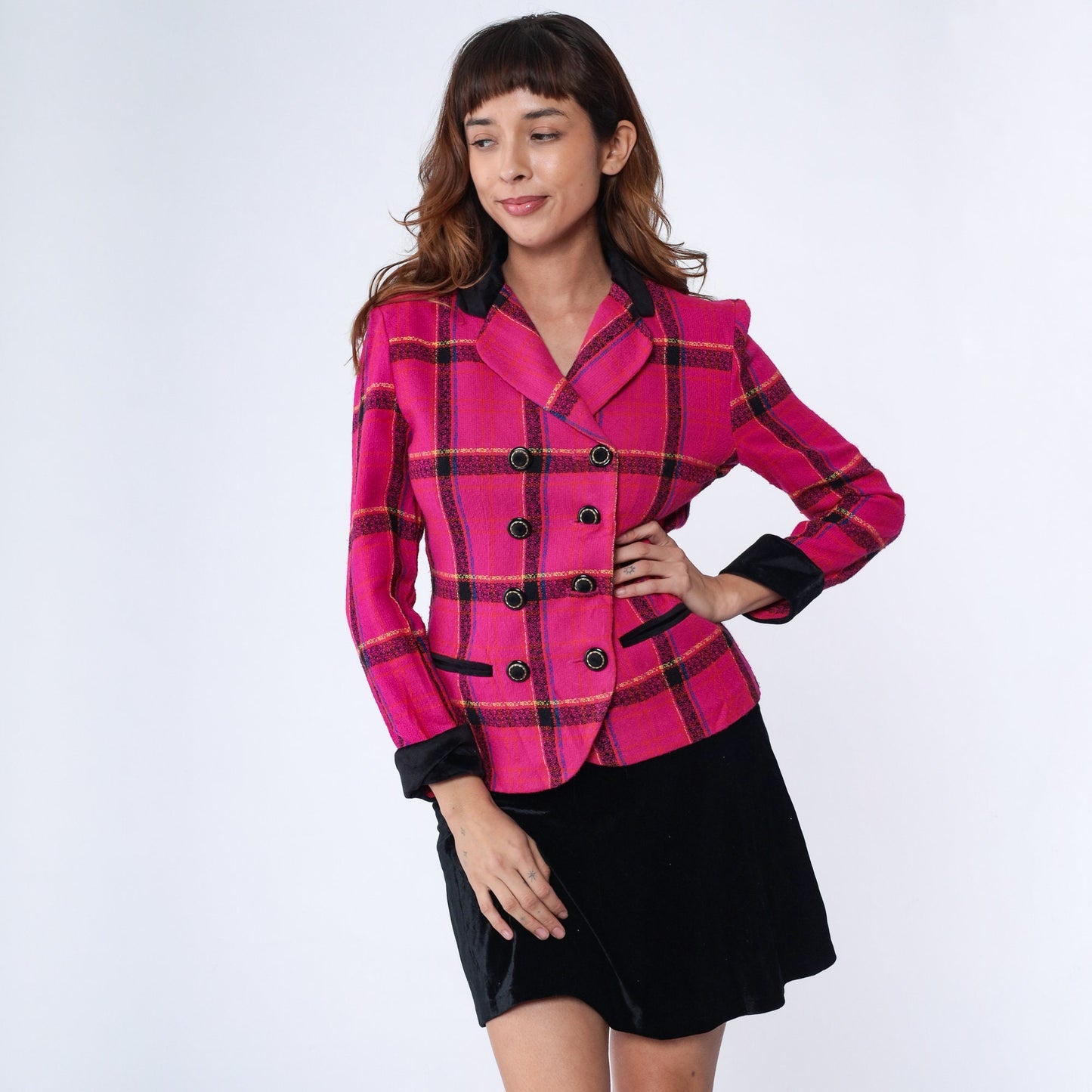 90s Hot Pink Checkered Blazer Tailored Button-Front Jacket Small