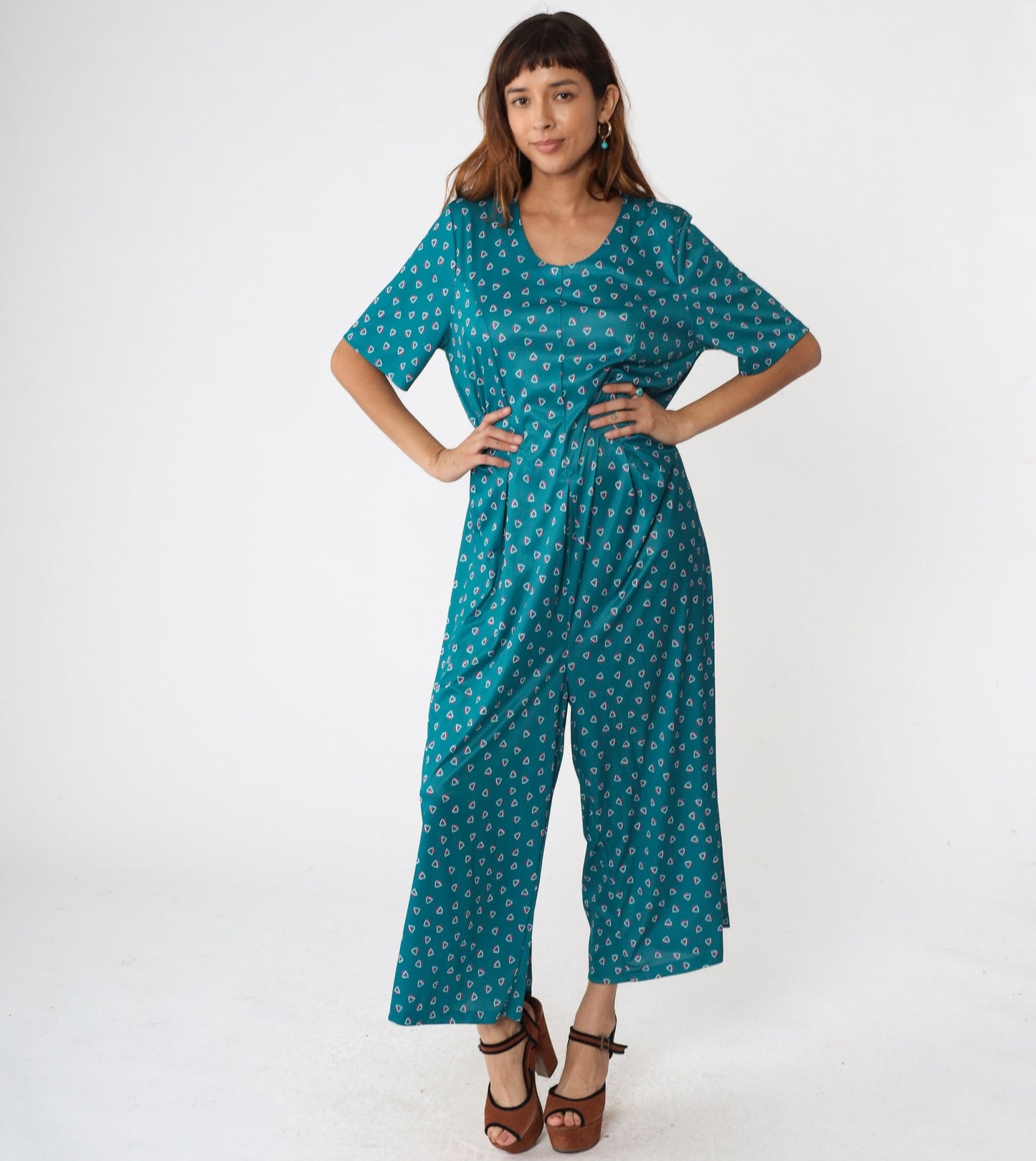 90s Lane Bryant Teal Geometric Wide Leg Jumpsuit Scoop Neck Large XL