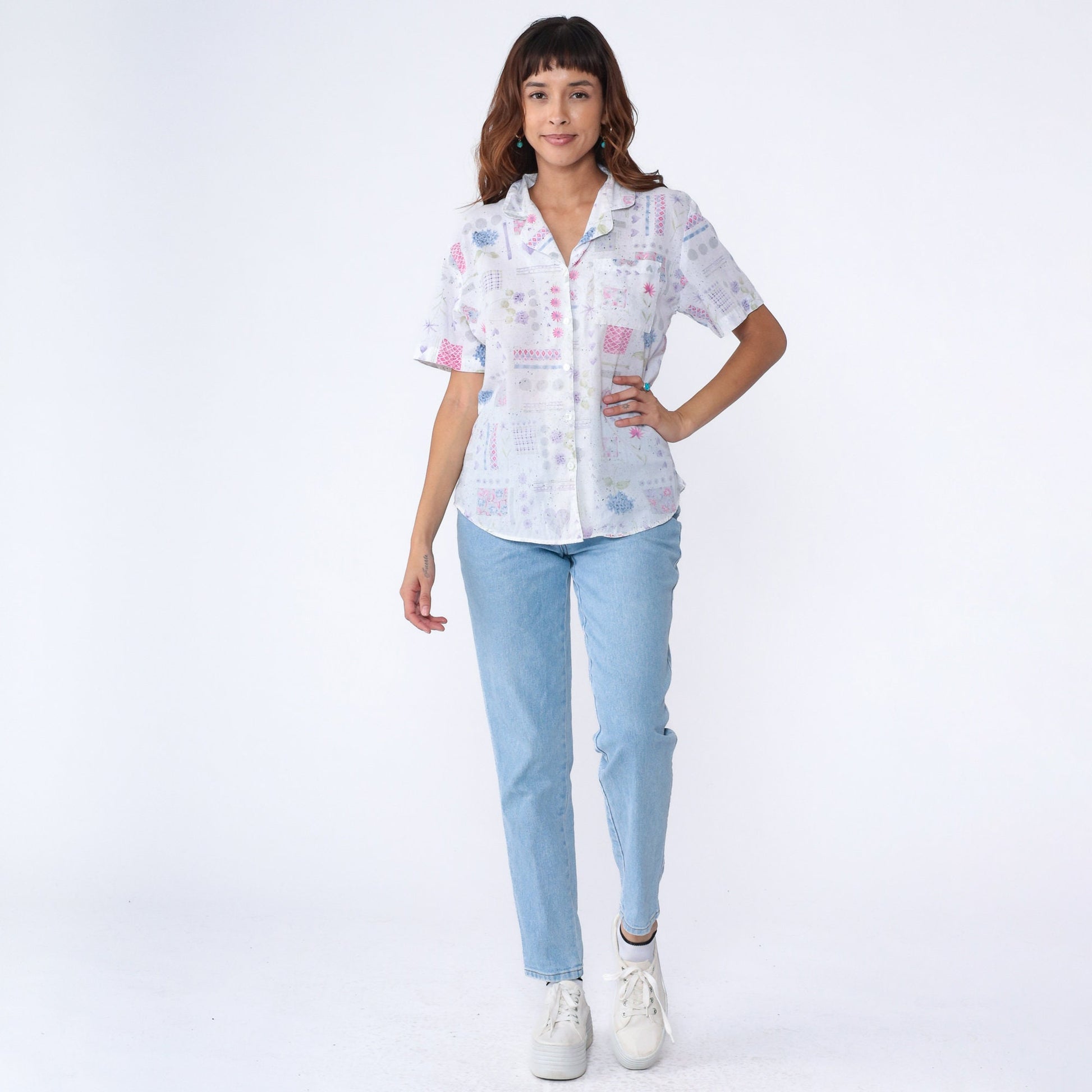 90s White Floral Heart Print Button-Up Blouse Short Sleeve Large L