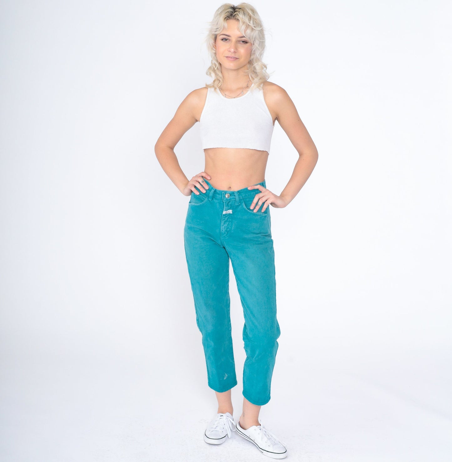 90s Girbaud Teal High-Waist Slim Tapered Ankle Jeans Extra Small XS