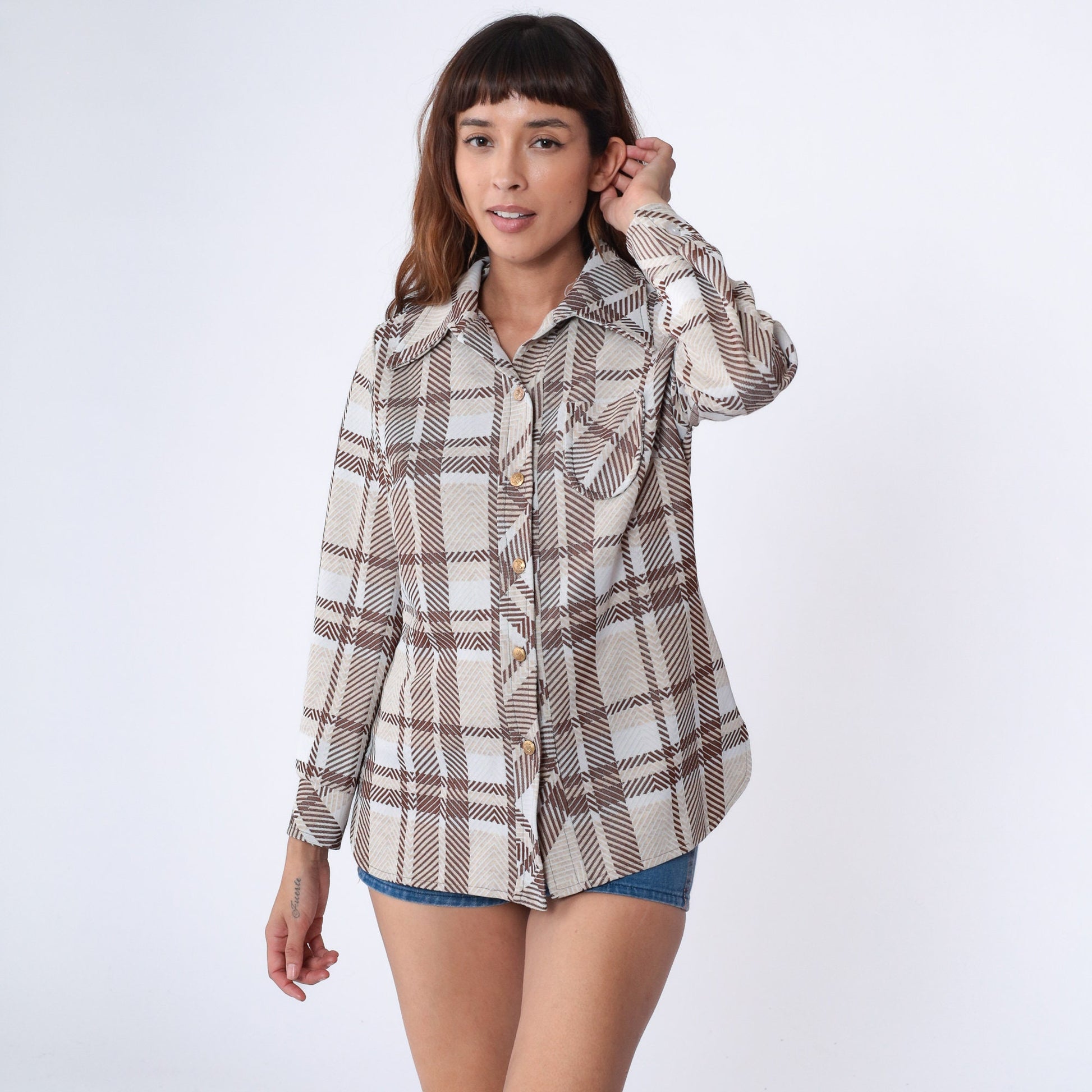 70s Checkered Brown Button-Up Shirt Dagger Collar Long Sleeve Blouse Medium Large