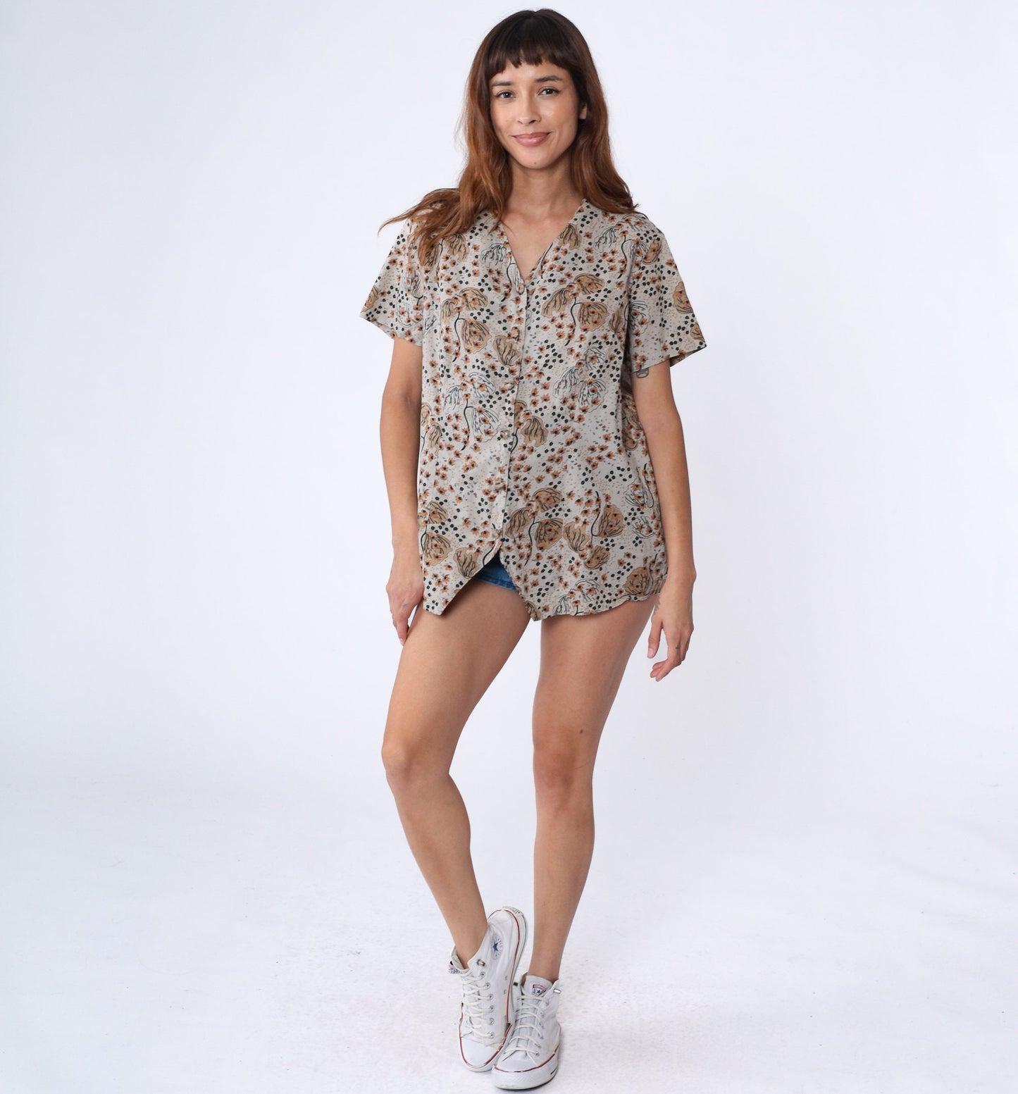 90s Grey Floral Tree Print Button Up Blouse V Neck Short Sleeve Large L