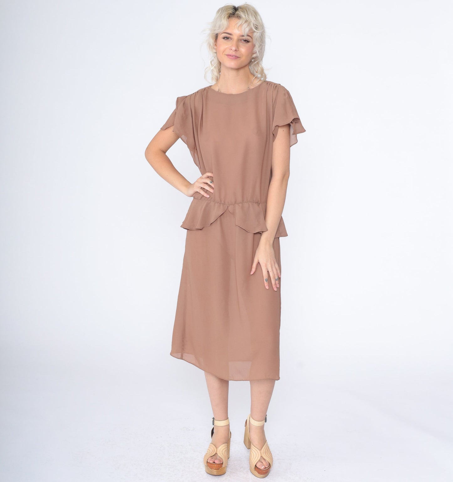 70s Cocoa Brown Midi Dress High Waist Peplum Puff Sleeve Keyhole Back Large L