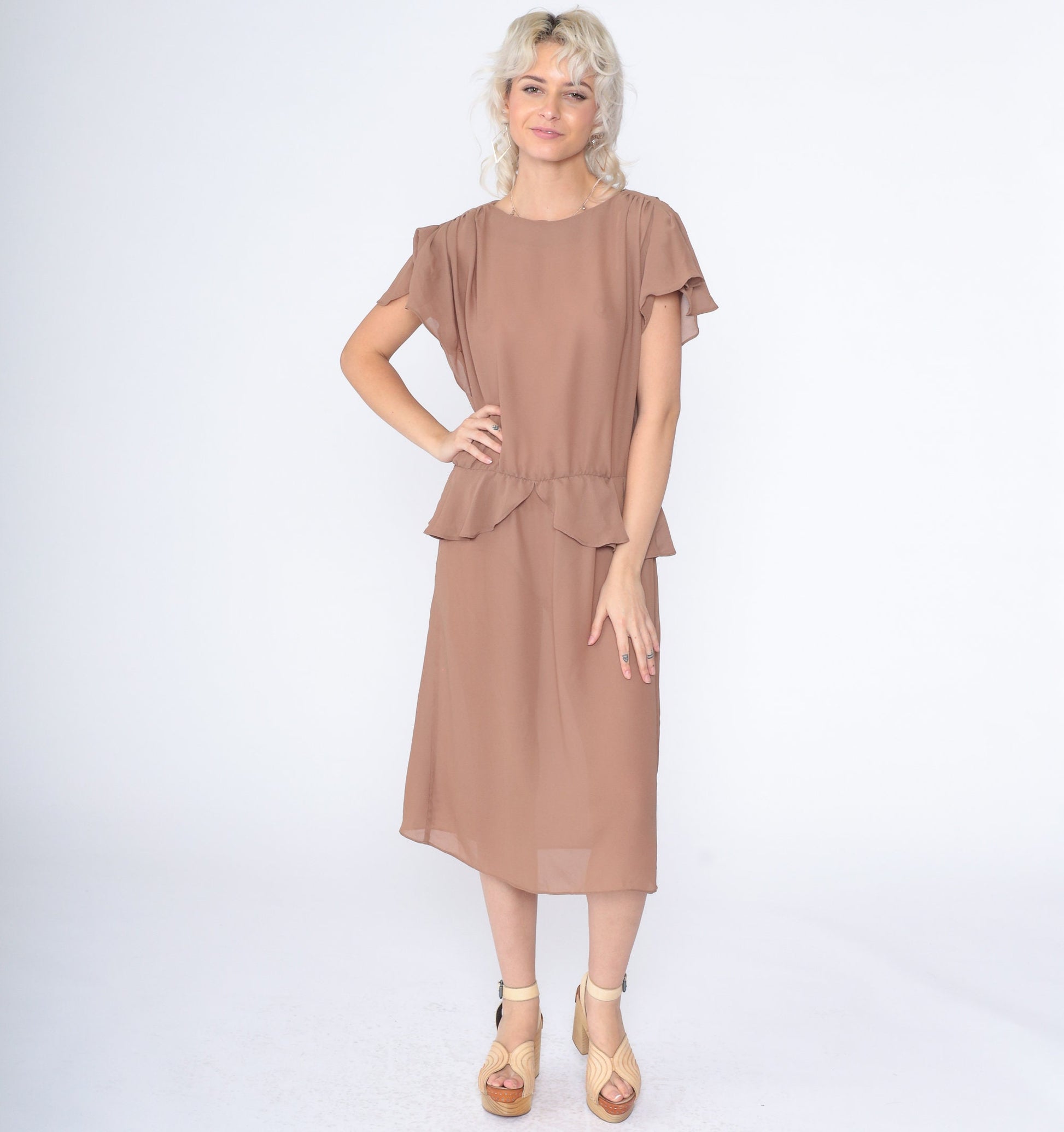 70s Cocoa Brown Midi Dress High Waist Peplum Puff Sleeve Keyhole Back Large L