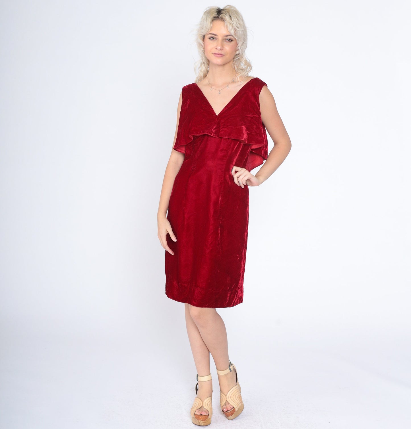 70s Red Velvet Mini Dress Sleeveless Pencil Cut Low Back Medium M