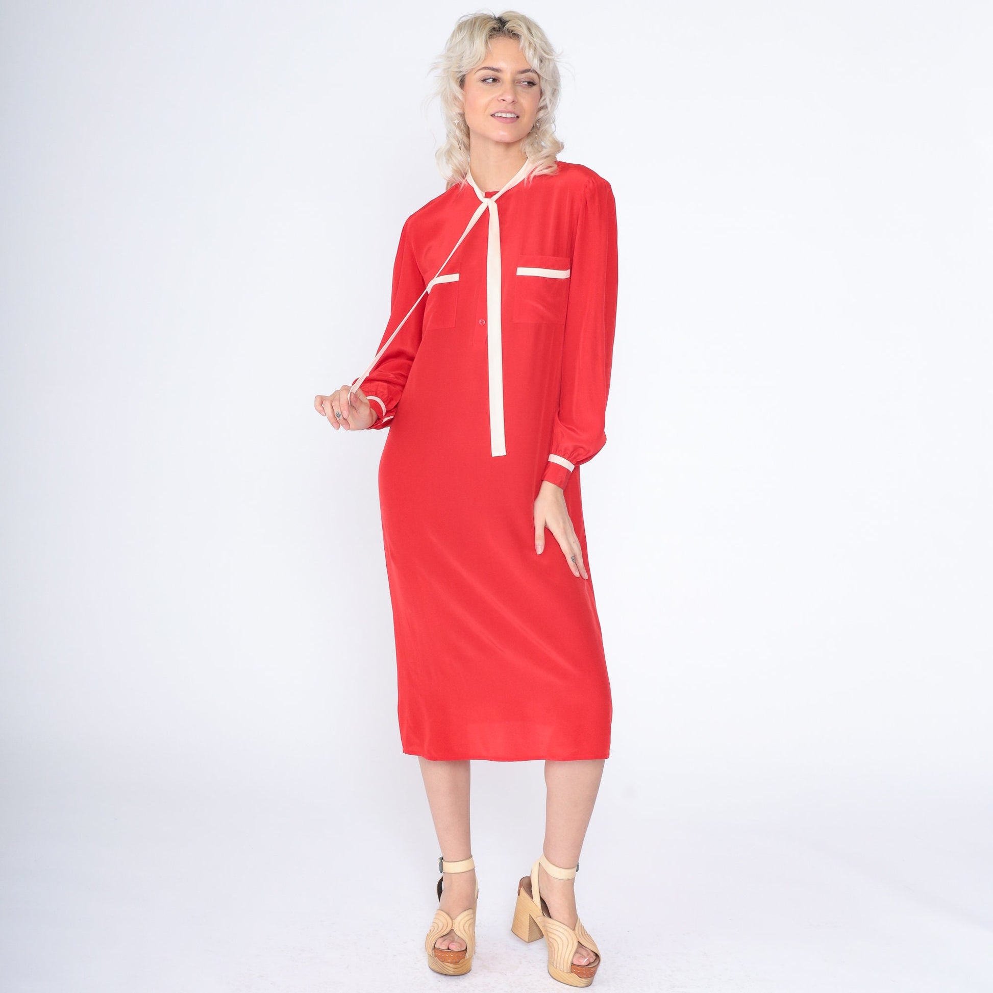 80s Saint Pierre Red Silk Midi Dress Necktie Long Sleeve White Trim Small