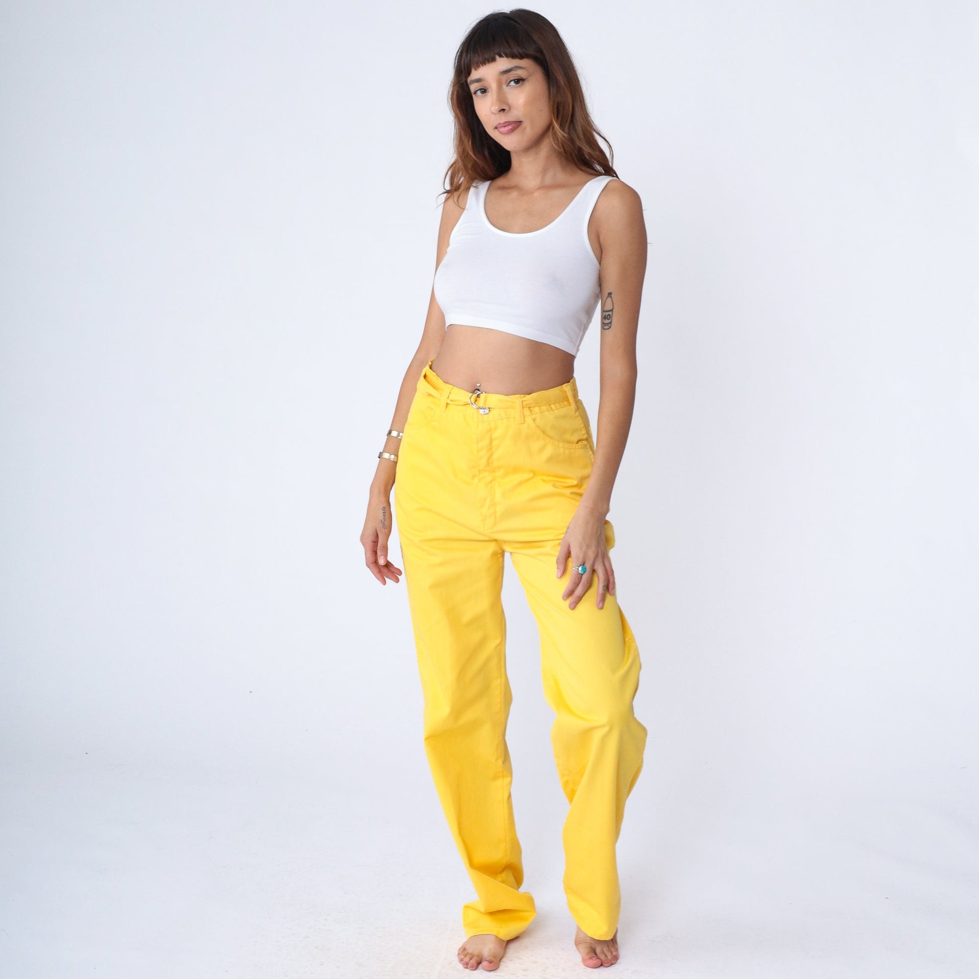 80s Yellow High-Waisted Straight Leg Pants Cotton Blend Medium
