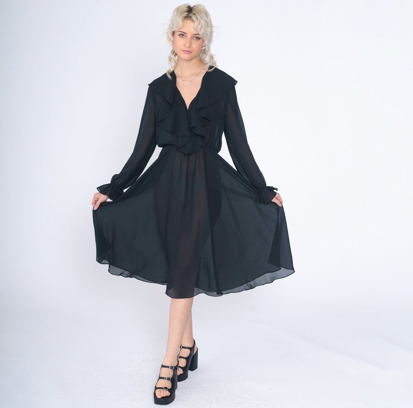 90s Black Midi Dress Ruffled High Waist Long Sleeve Semi-Sheer Small