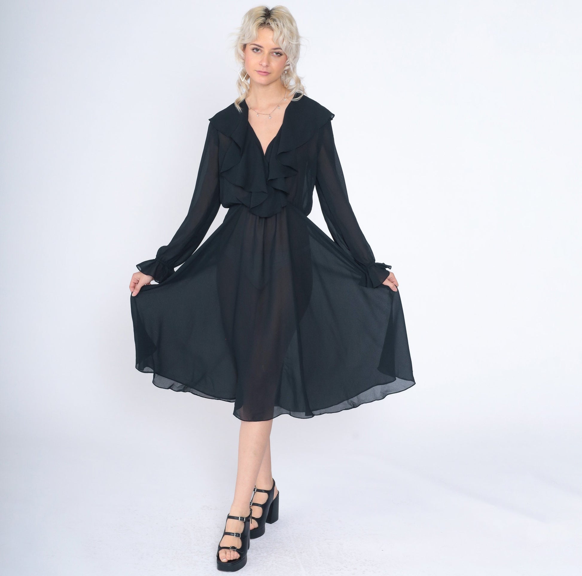 90s Black Midi Dress Ruffled High Waist Long Sleeve Semi-Sheer Small