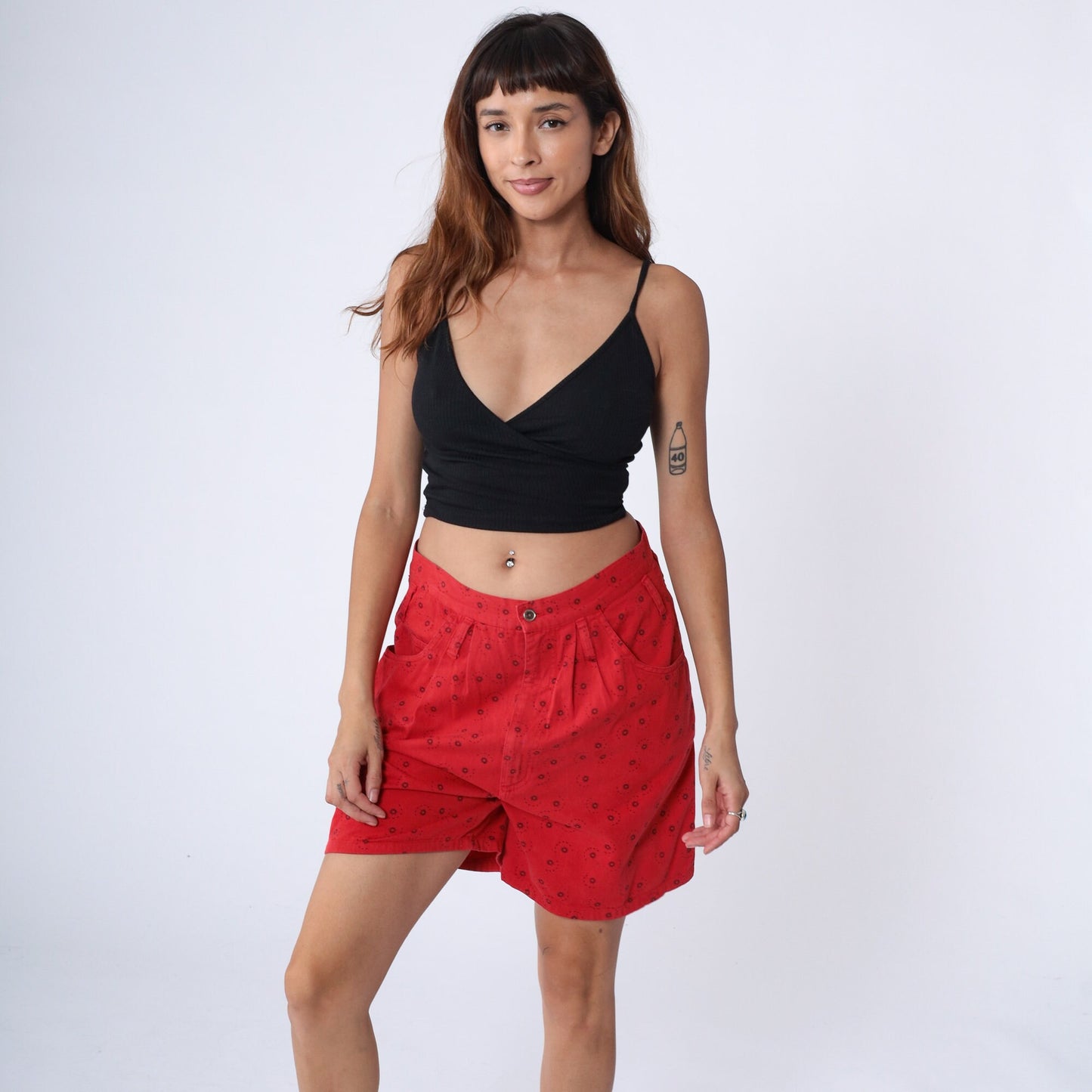 90s Express Red Celestial Pleated High-Waist Shorts Cotton Medium