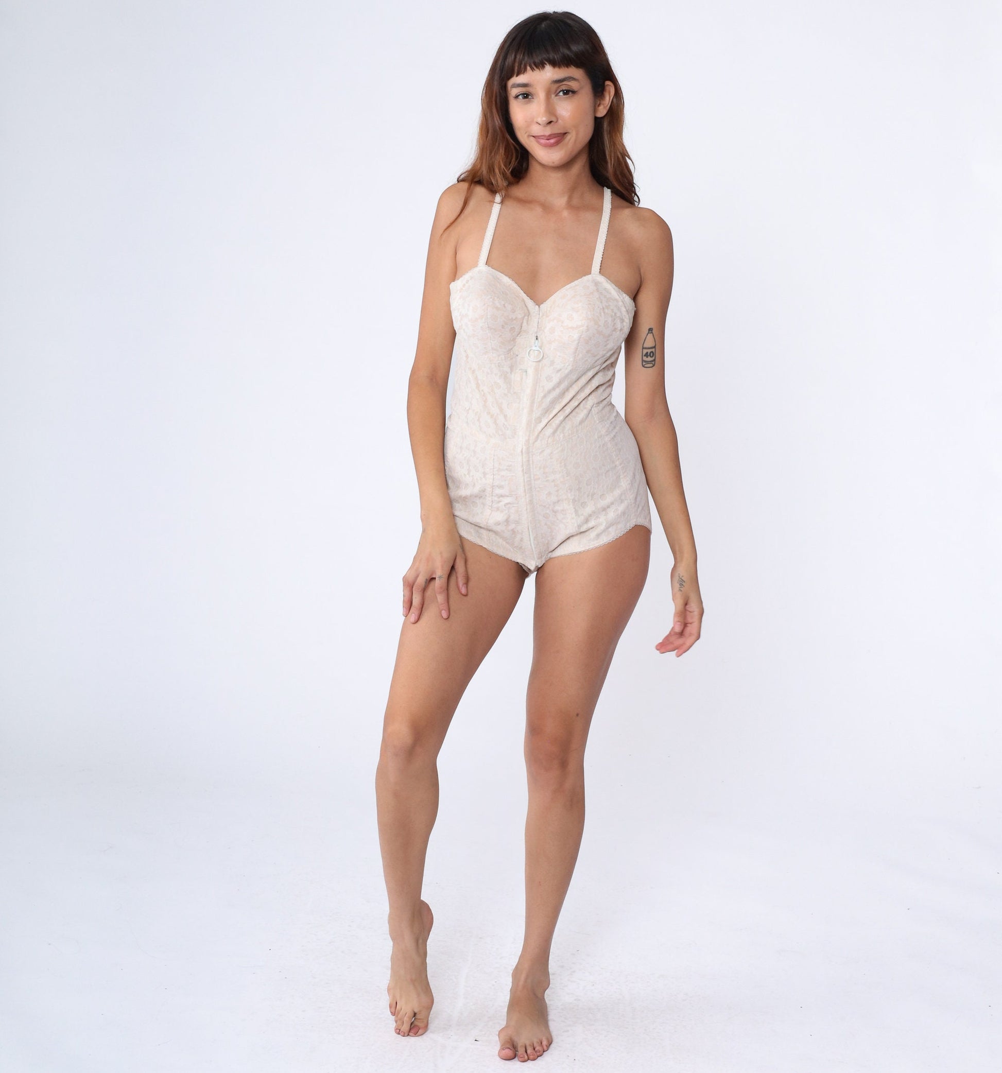 80s Bettys Body Form Shapewear Girdle Bodysuit Beige Lace Large L