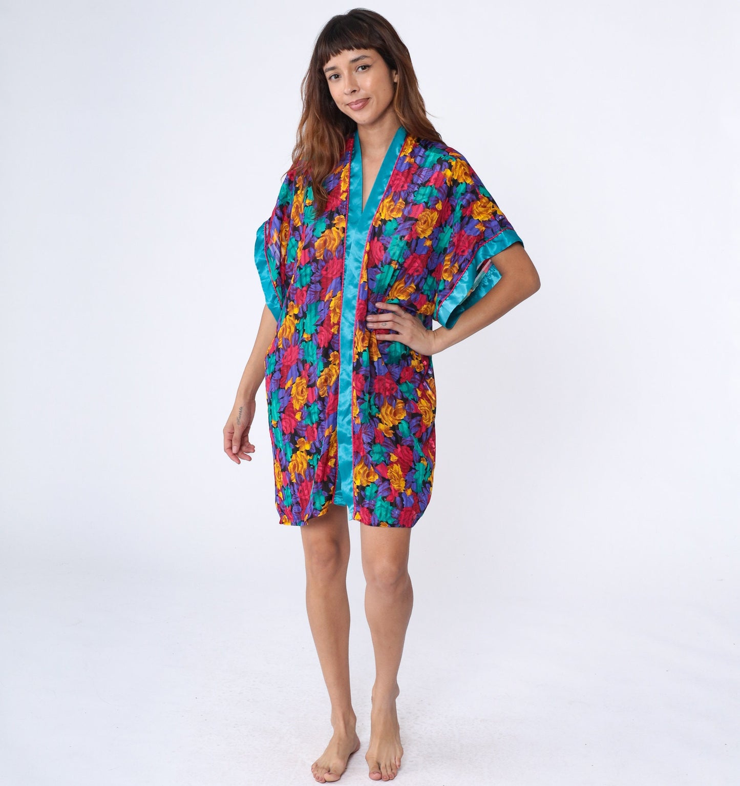 00s Floral Metallic Satin Kimono Robe Mini Open Front Medium M