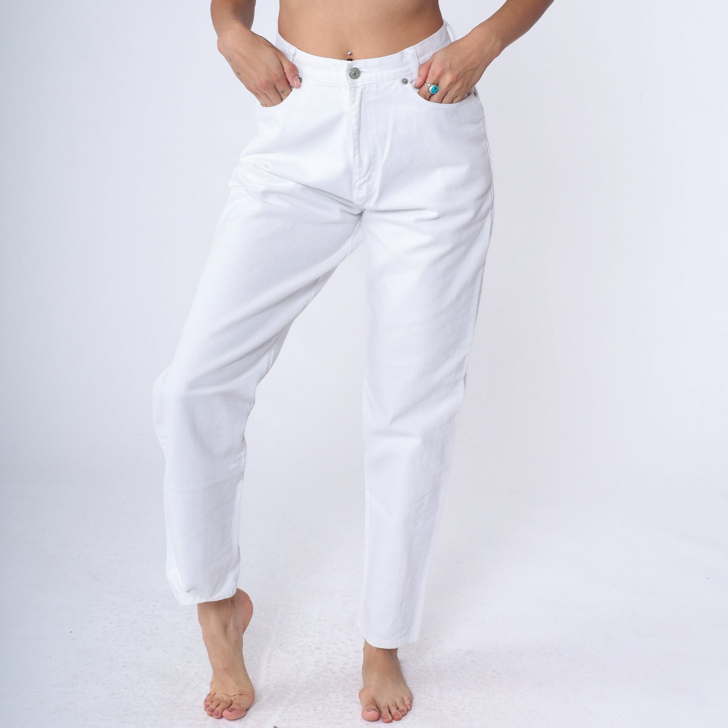 90s White Tapered Mom Jeans High Rise Cotton Denim Small