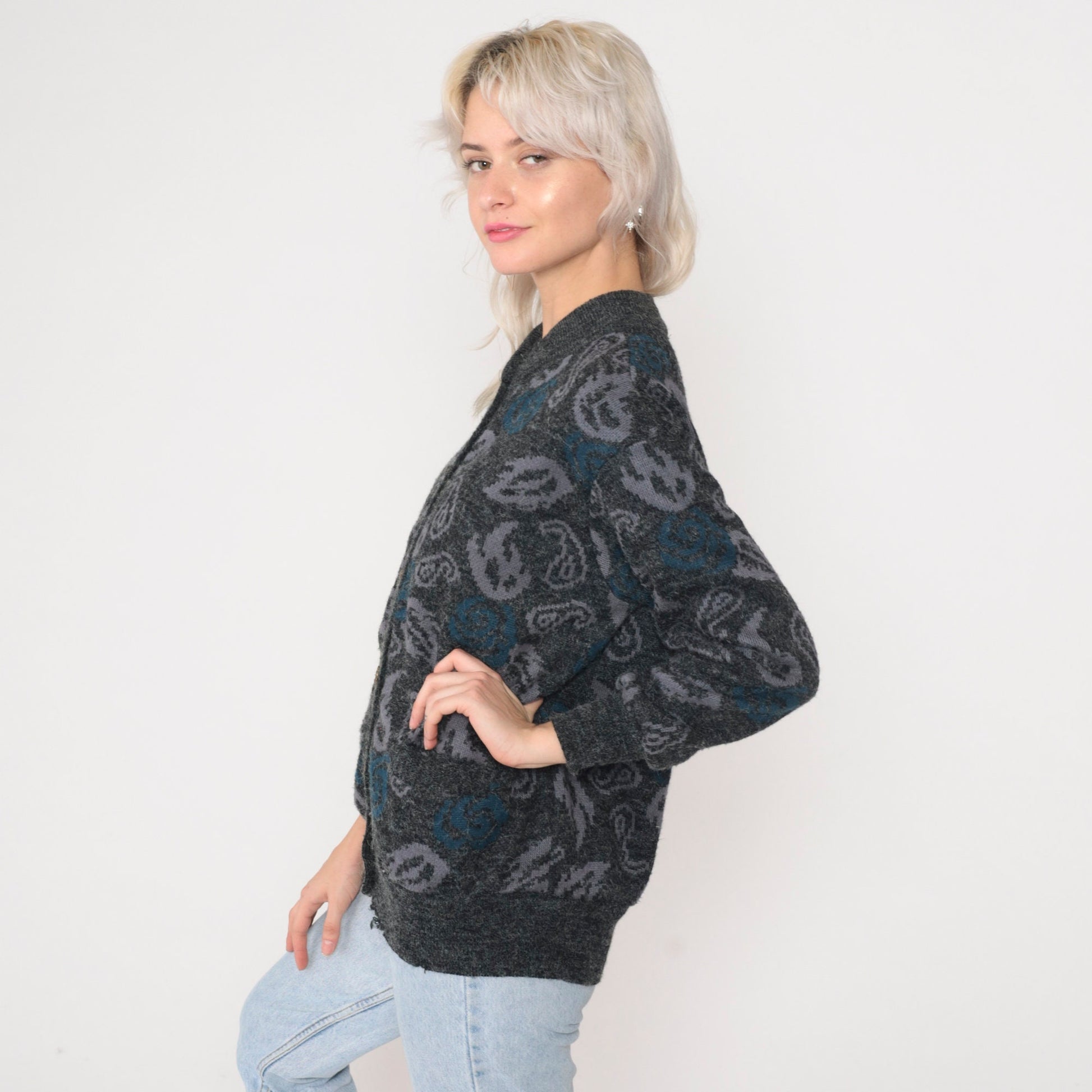 90s Grey Paisley Floral Cardigan Knit Button-Up Sweater Small