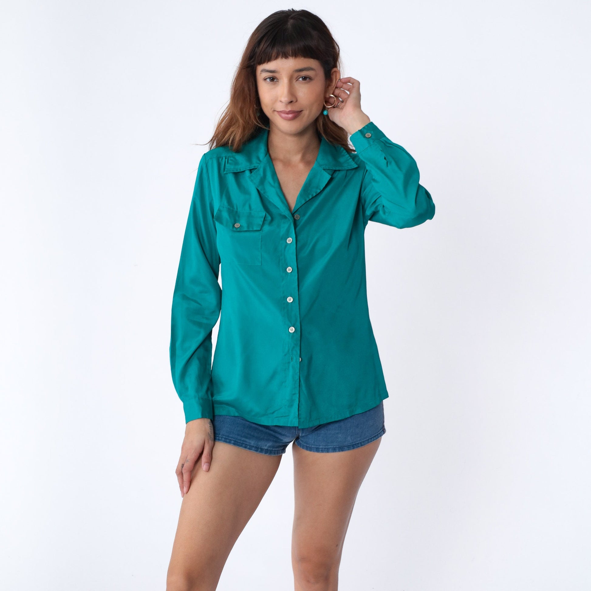 90s Teal Green Button-Up Blouse Notch Collar Long Sleeve Medium