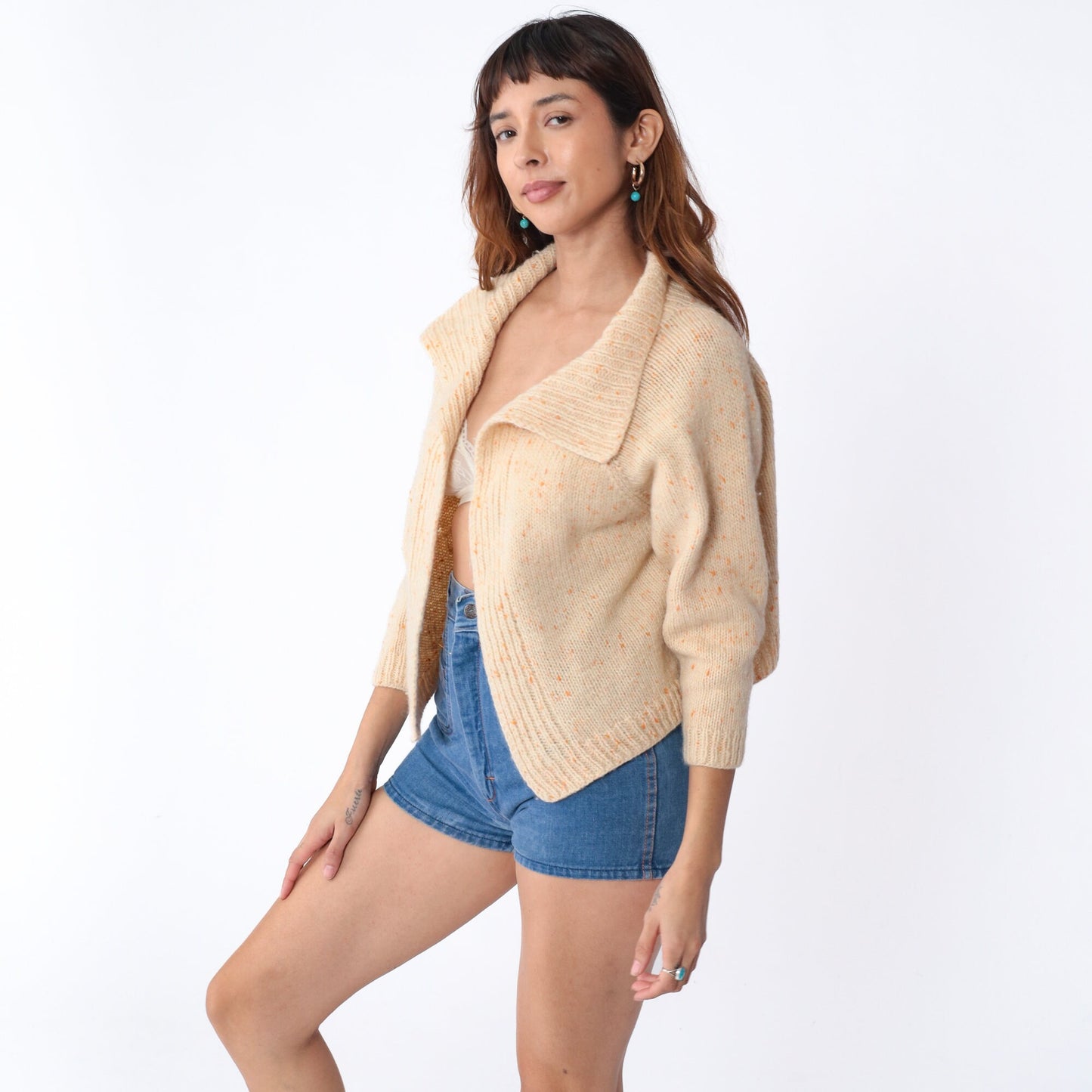 70s Cream Cardigan Orange Flecked Wool Blend Collared Sweater Small S