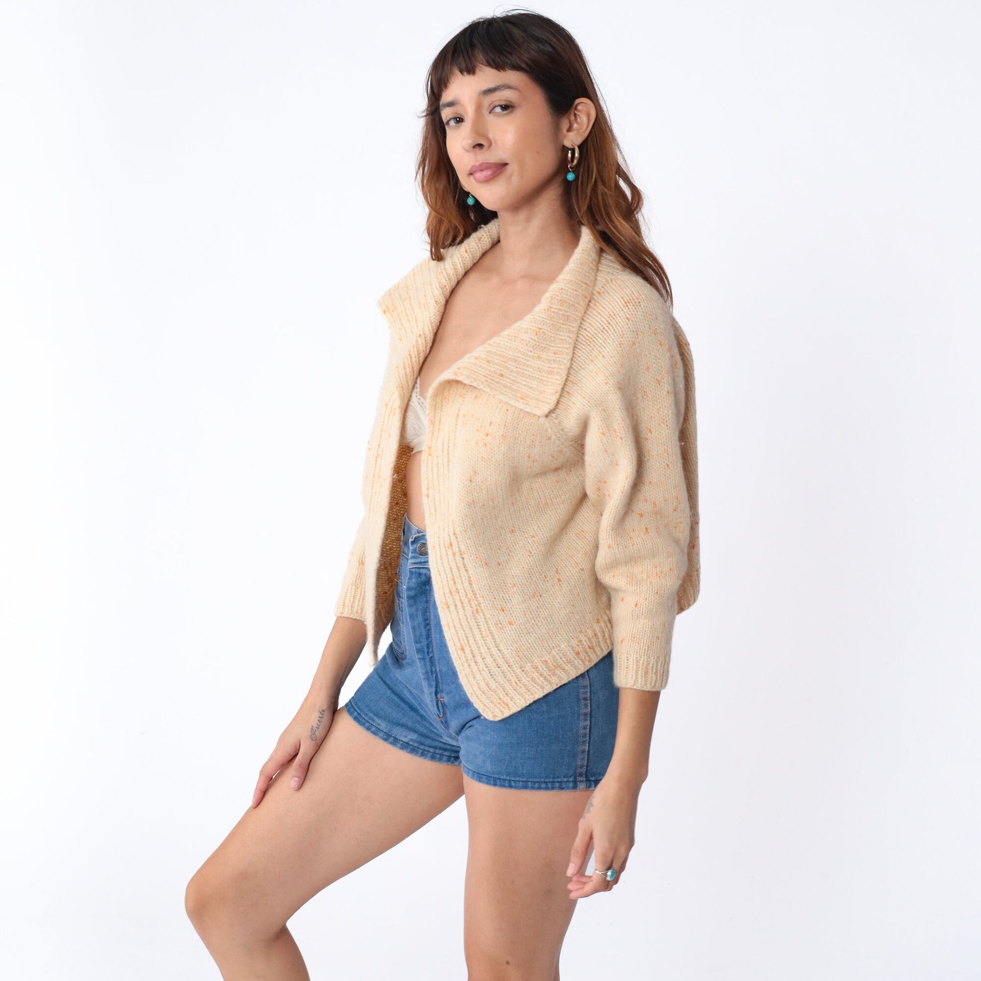 70s Cream Cardigan Orange Flecked Wool Blend Collared Sweater Small S